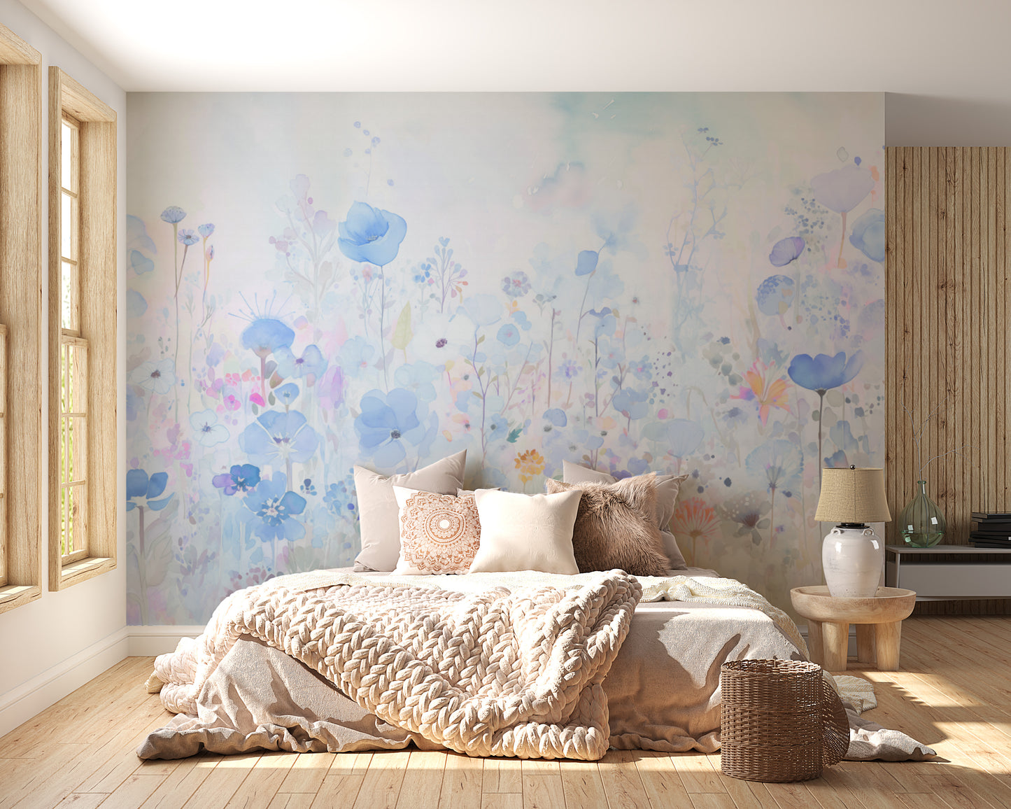 Soft watercolor happy flowers blue wallpaper for a serene, happy atmosphere.
