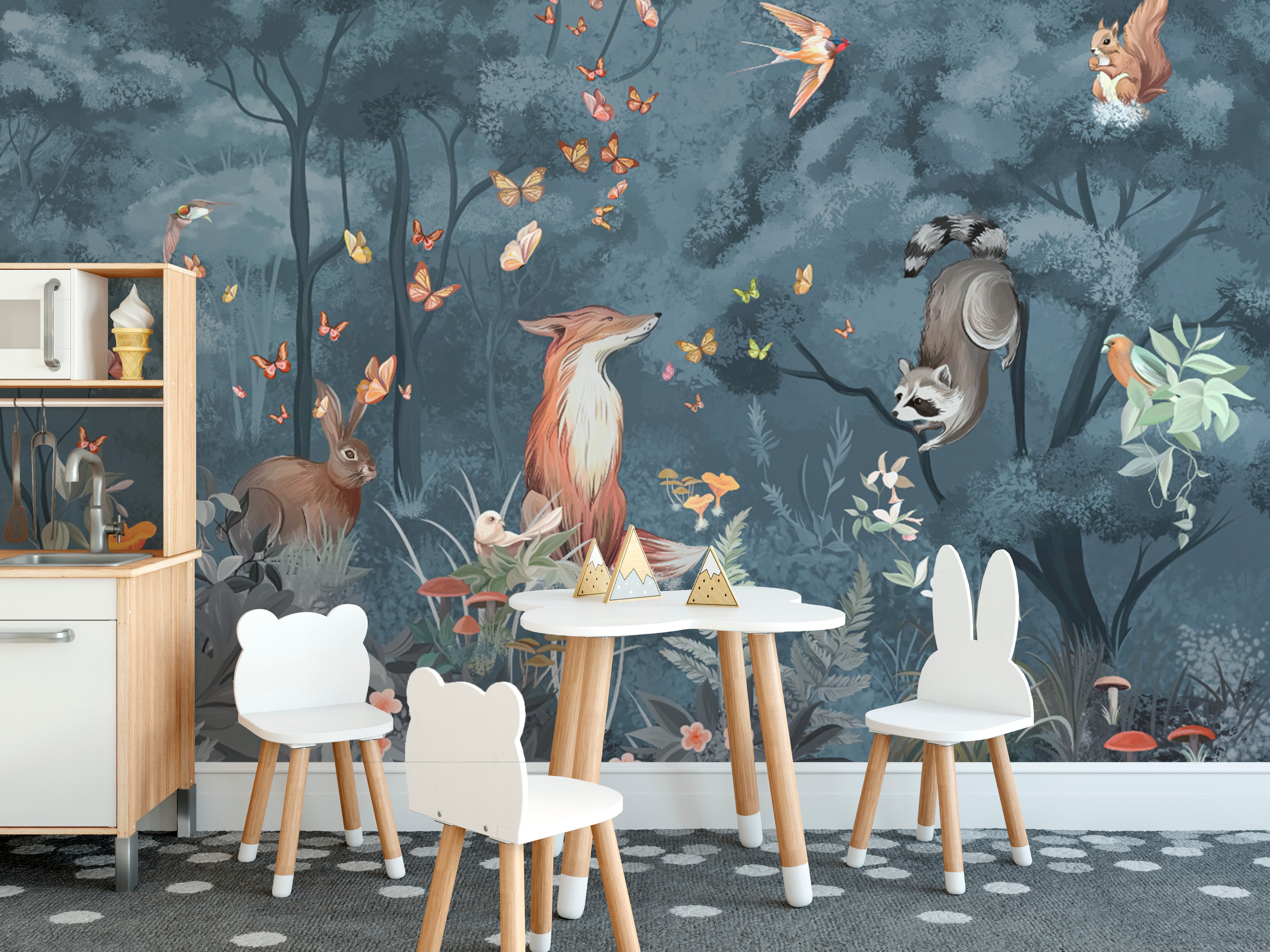 Forest animals and trees in serene wallpaper mural.
