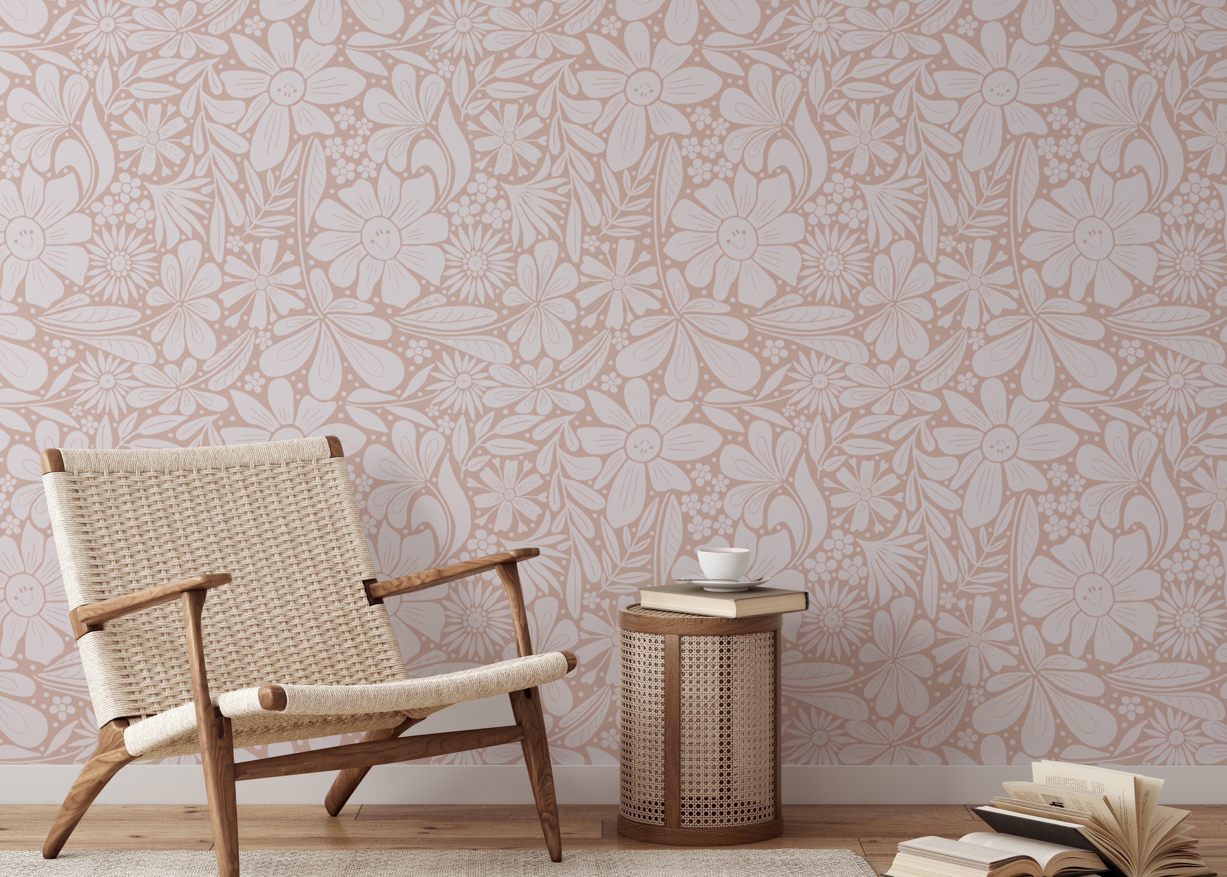 Refreshing happy blooms wallpaper for pastel pink-themed interiors.
