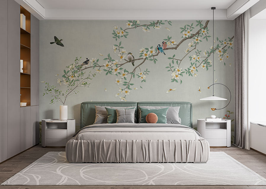 Birds on Branch Green Color Wallpaper Mural