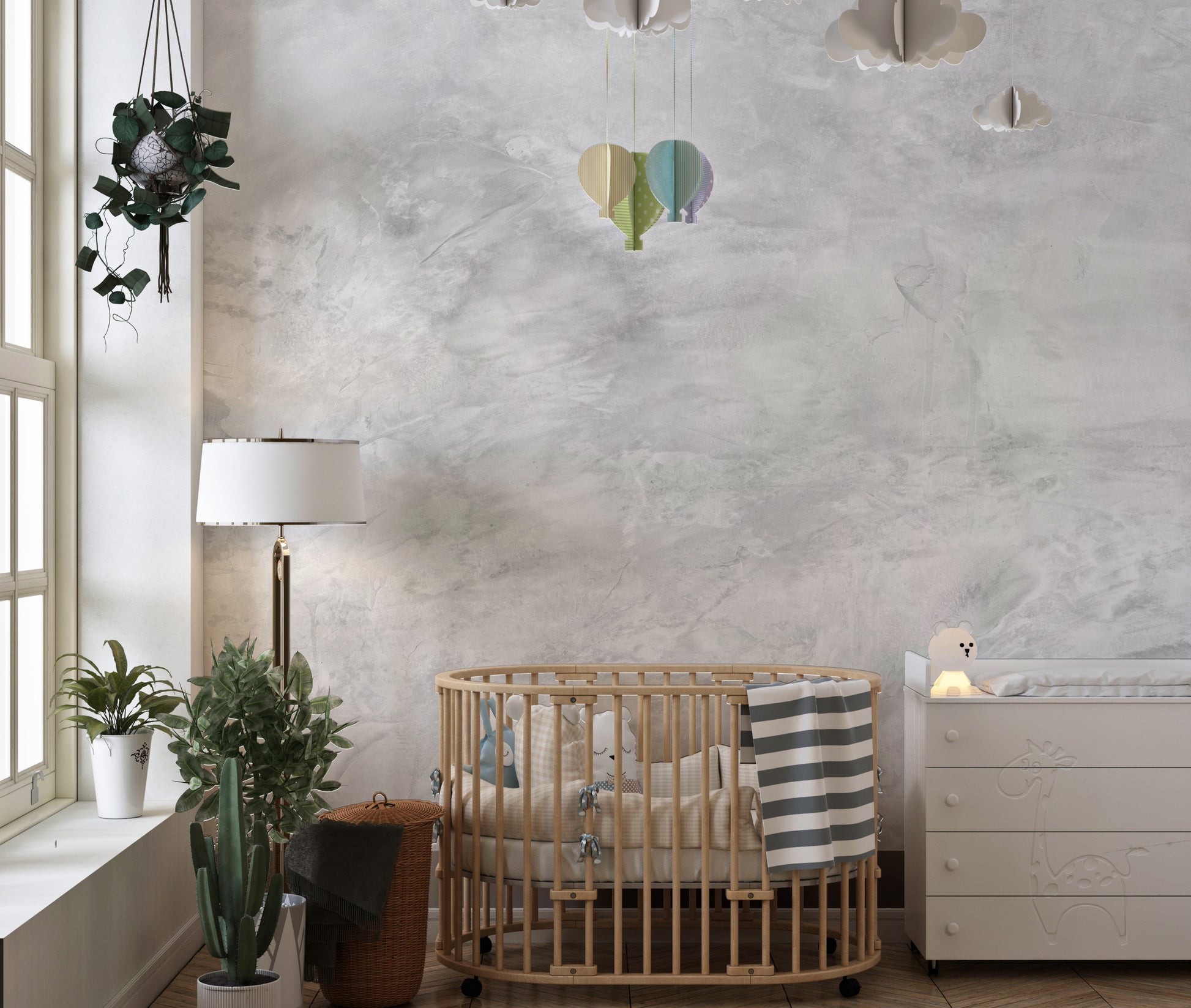 Industrial-style cement mural with a rough, textured finish.
