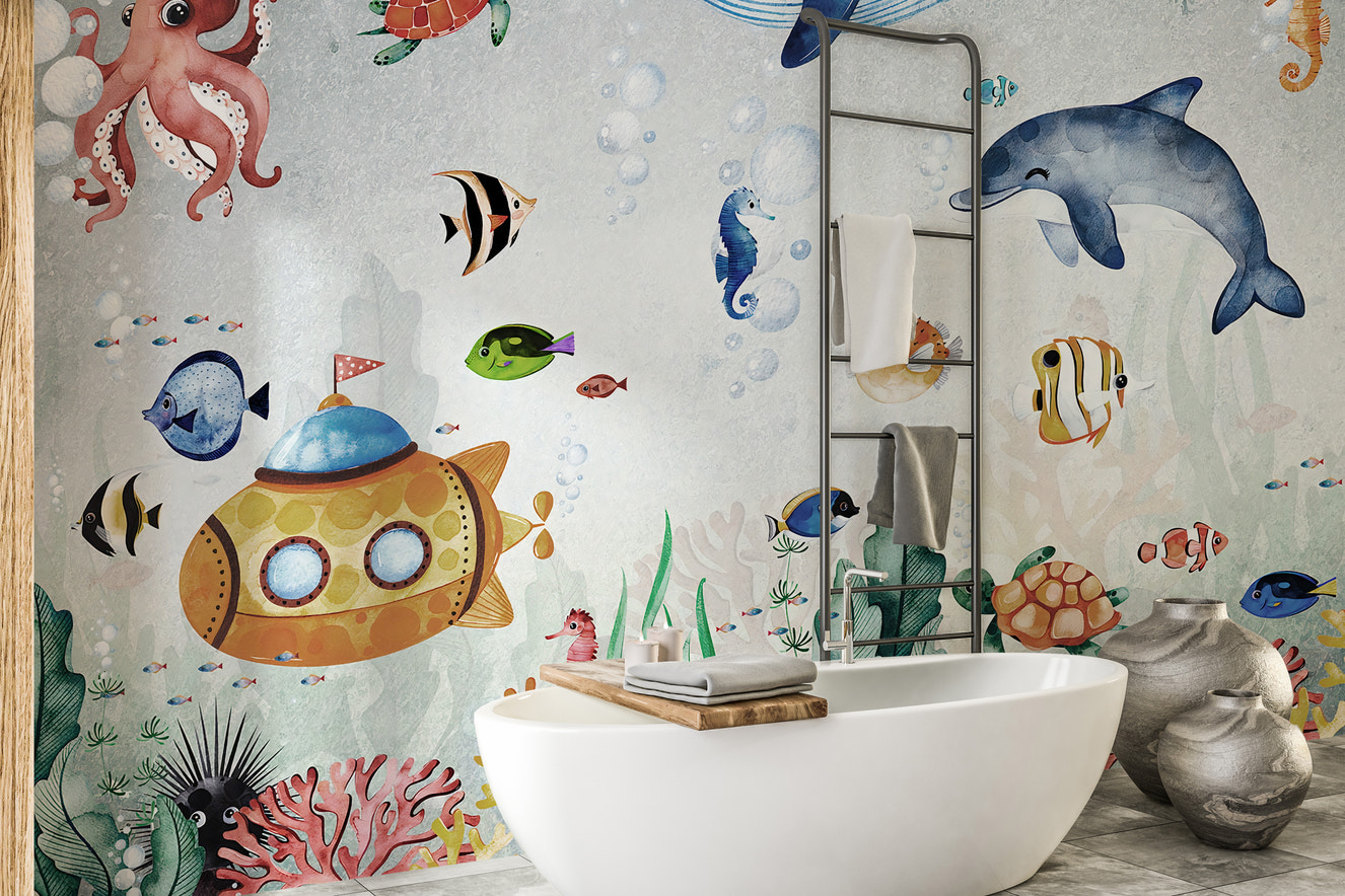 Astonishing underwater whales wallpaper mural
