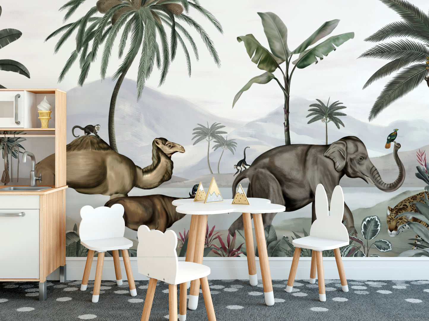 Lush tropical jungle mural with vibrant animals and trees.
