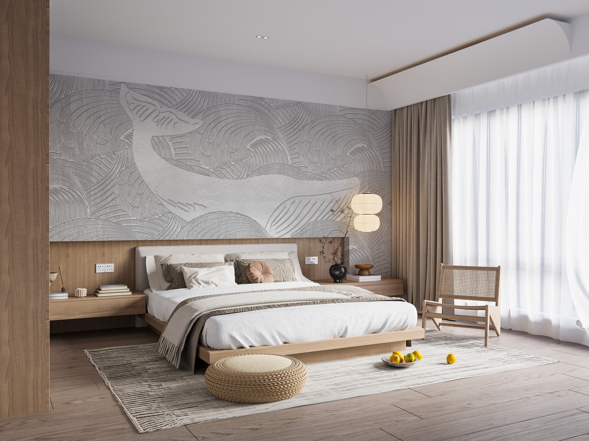 Silver whale mural adds a nautical touch to kids' rooms.