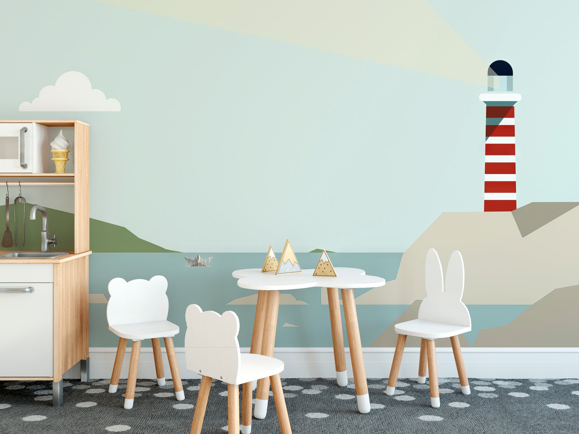 Modern lighthouse mural for coastal home interiors
