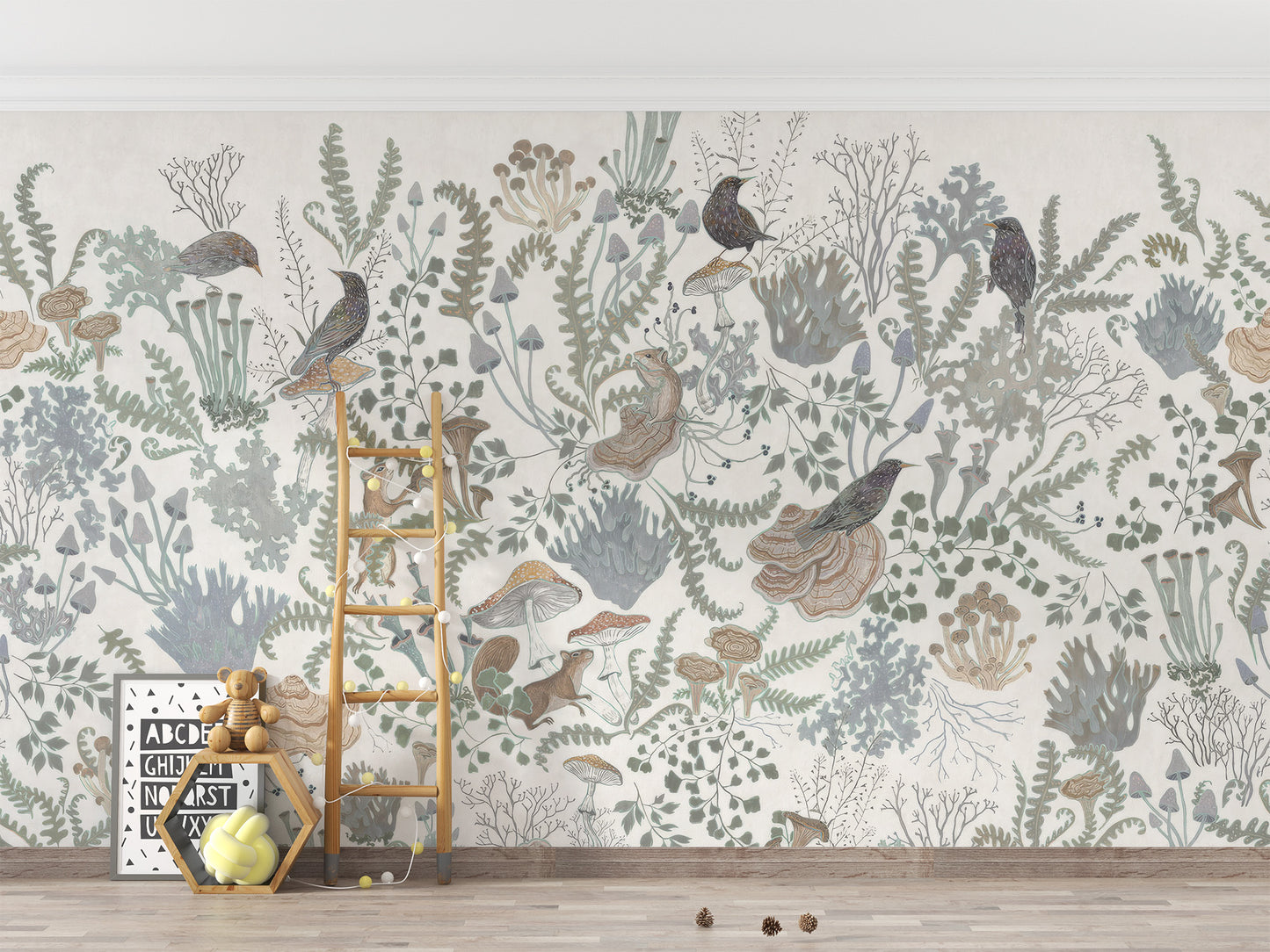 Nature-inspired woodland harmony fresco wallpaper design