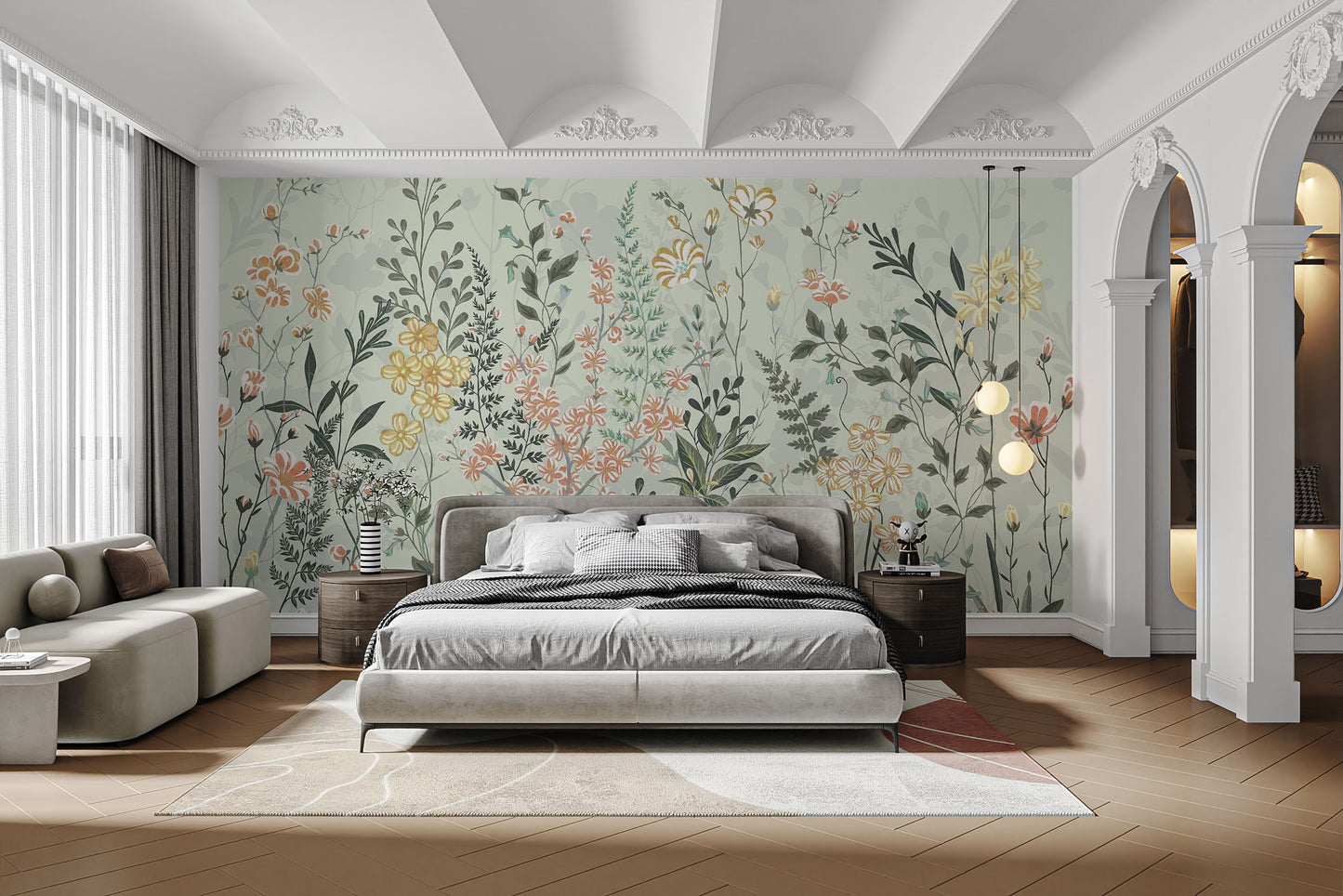 Artistic hayfield wall mural with countryside charm