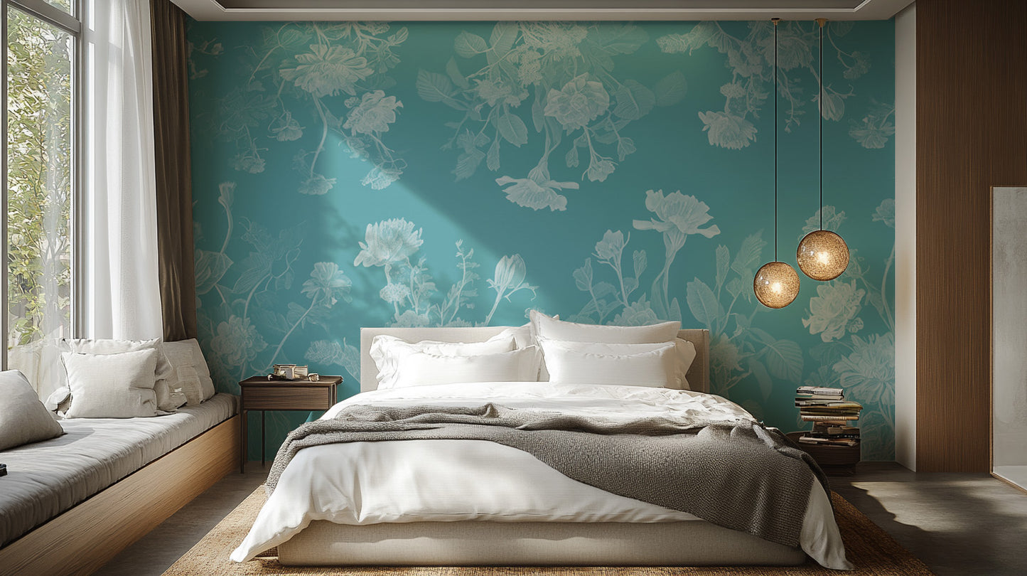 Bedroom Blue Flowers Wallpaper Mural - Giffywalls