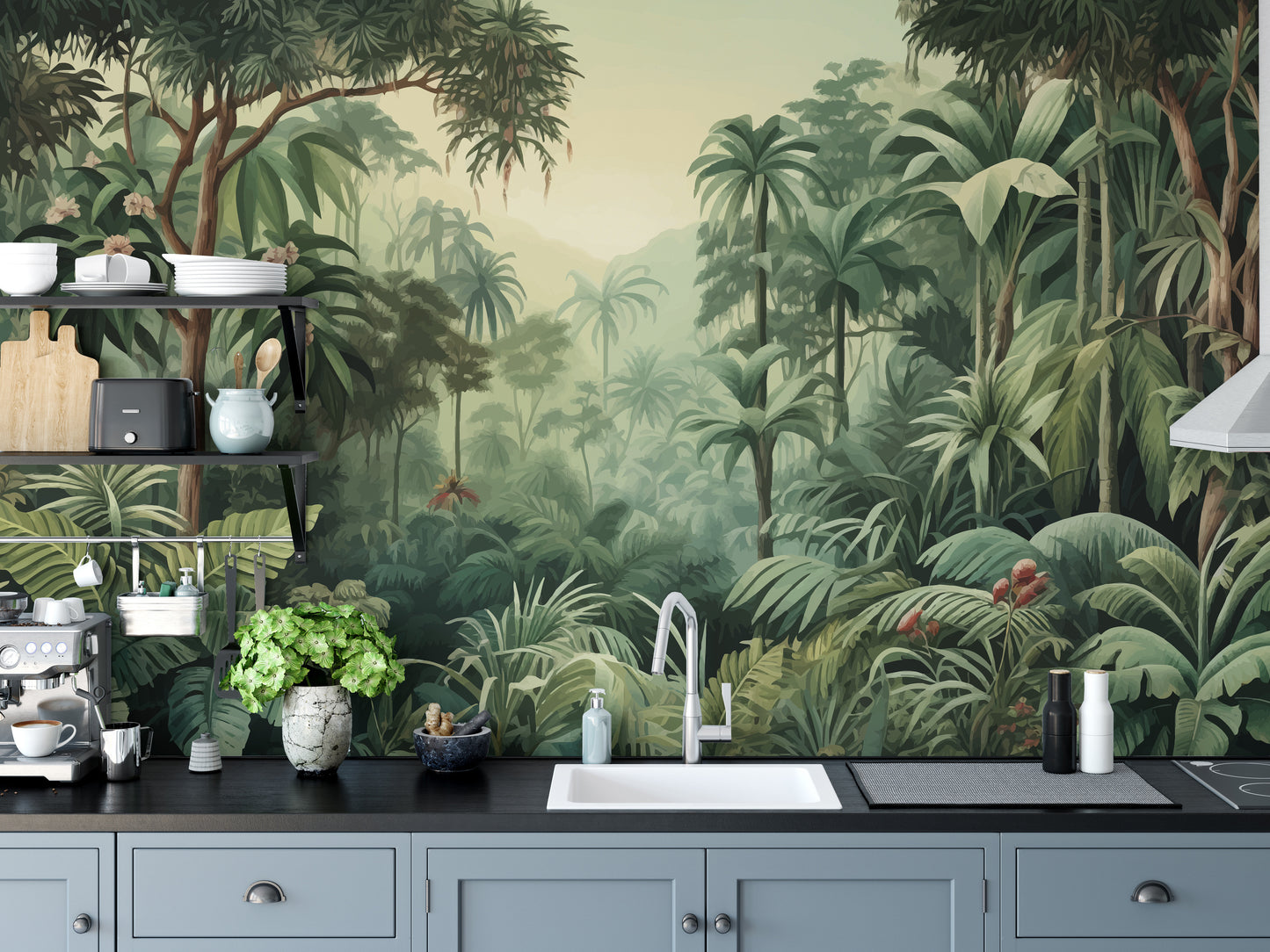 Misty Forest Colorful Tropical Scene Tree Wallpaper Mural