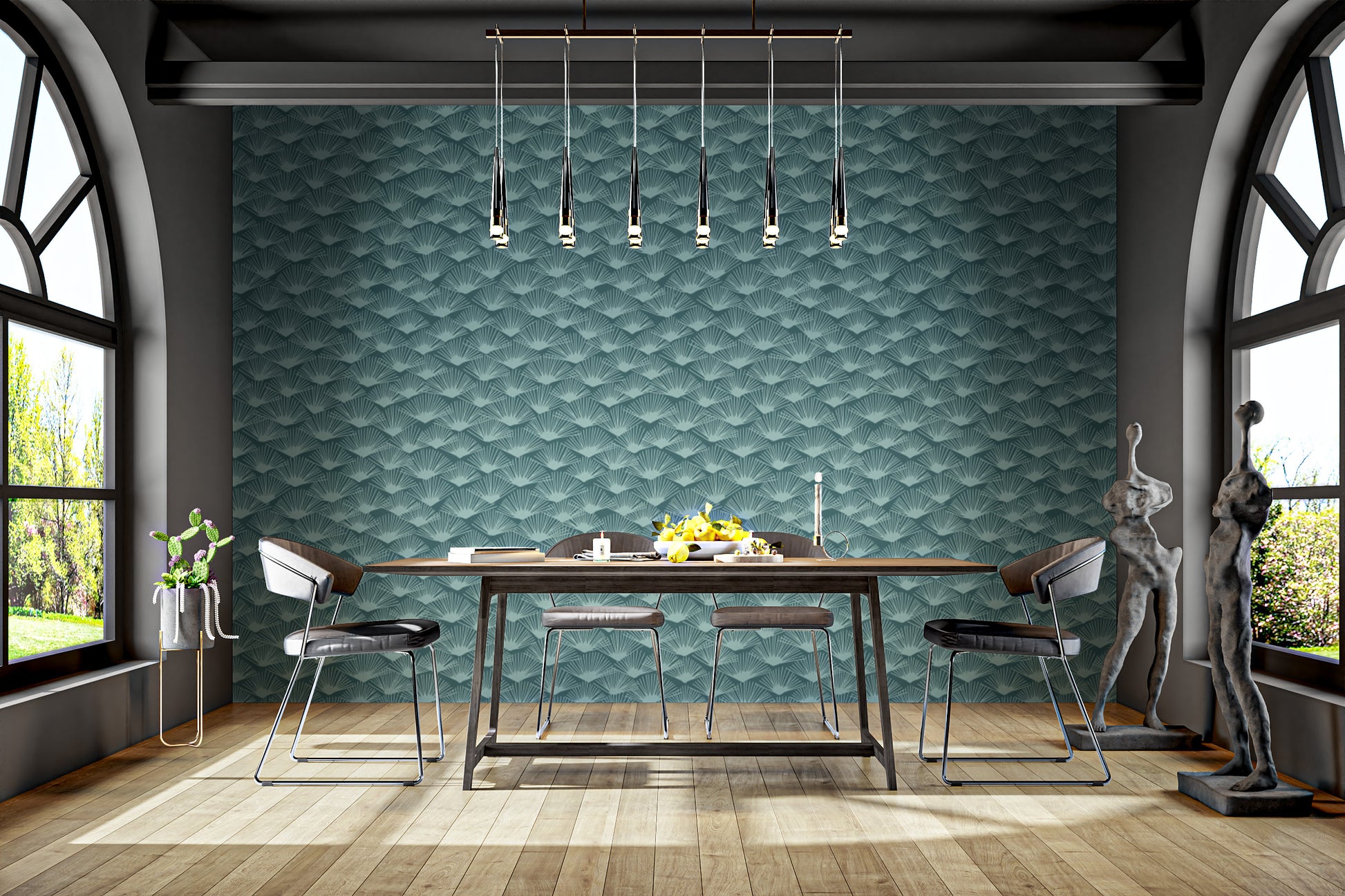 Tropical Teal Fanfare wallpaper creating a serene ambiance.
