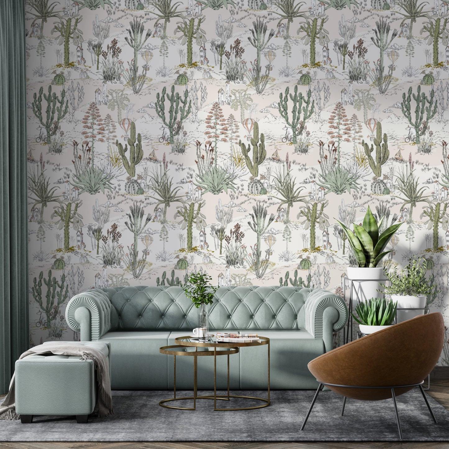 Enchanted cactus wallpaper with soft desert hues for your home.