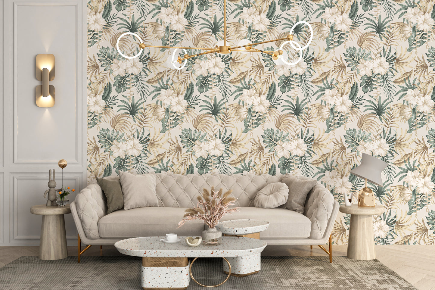 Exotic palm leaf and flower wallpaper
