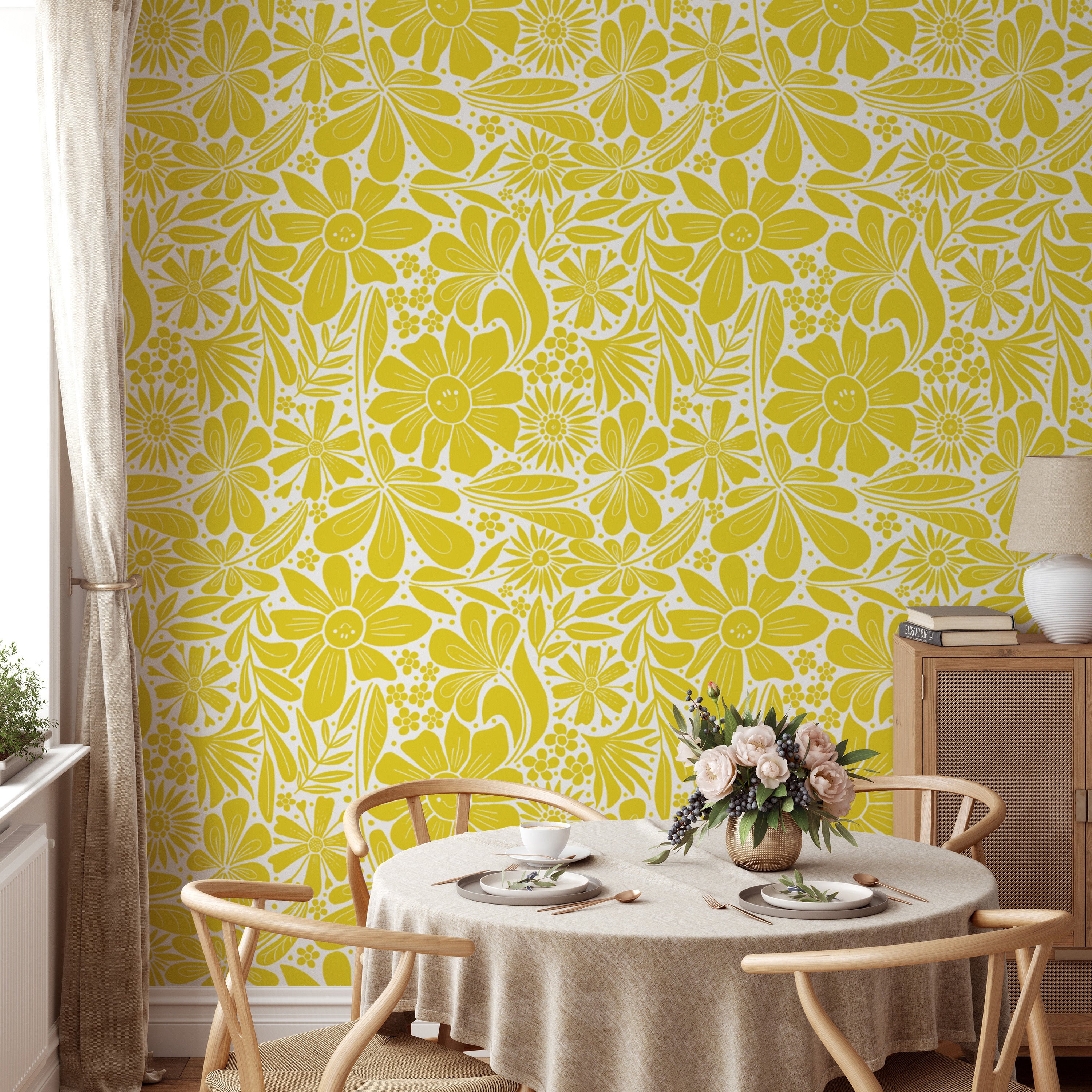 Happy blooms yellow wallpaper for vibrant and joyful wall decor.
