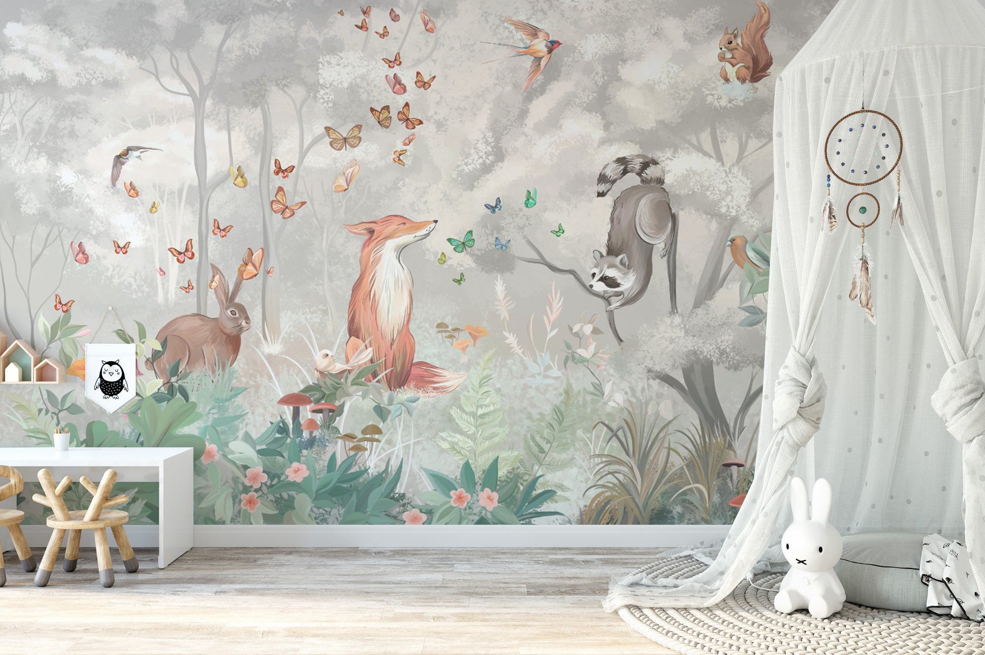 Raccoon and Rabbit on Pastel Woodland Wallpaper
