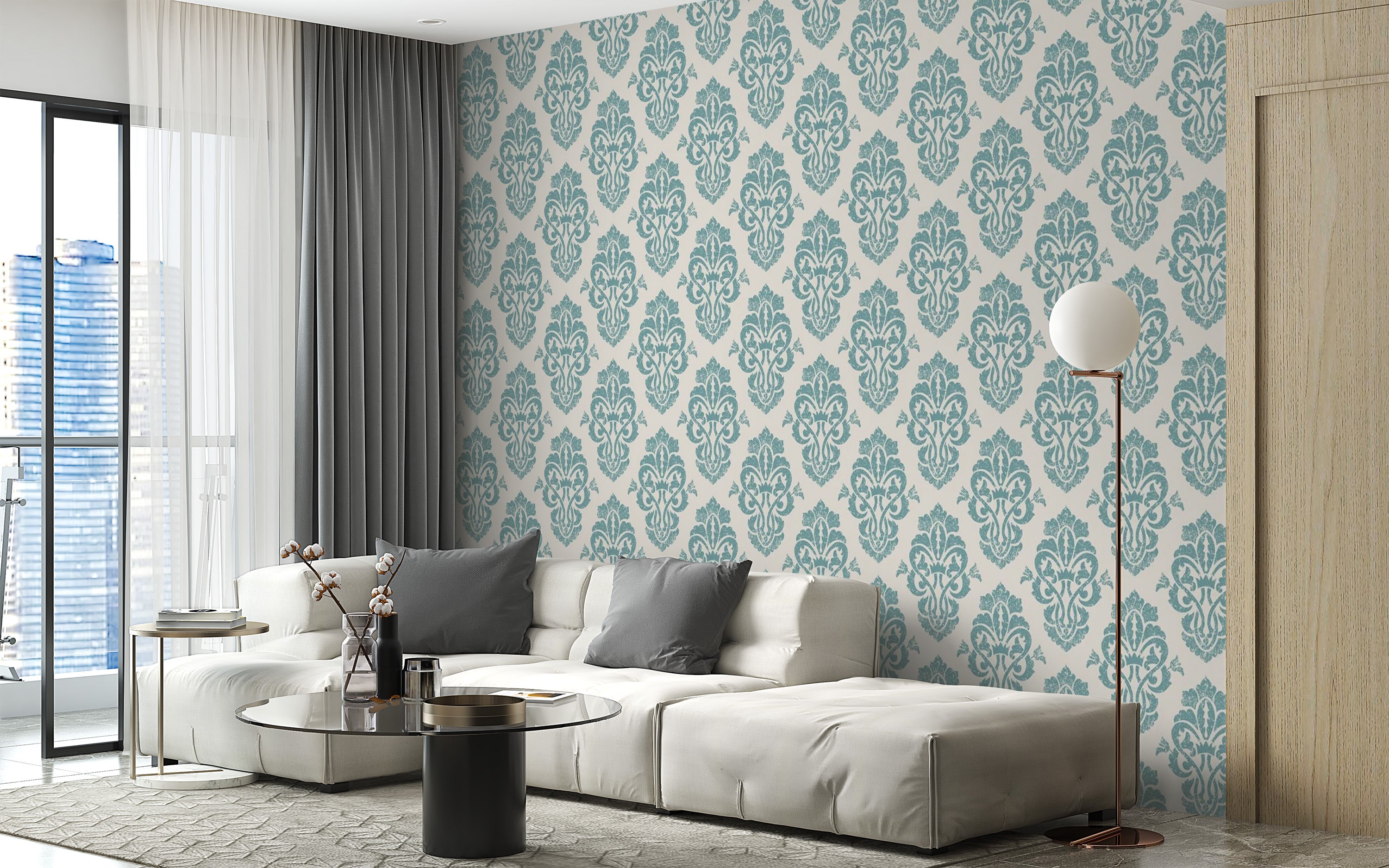 White and Blue Damask Wall Mural