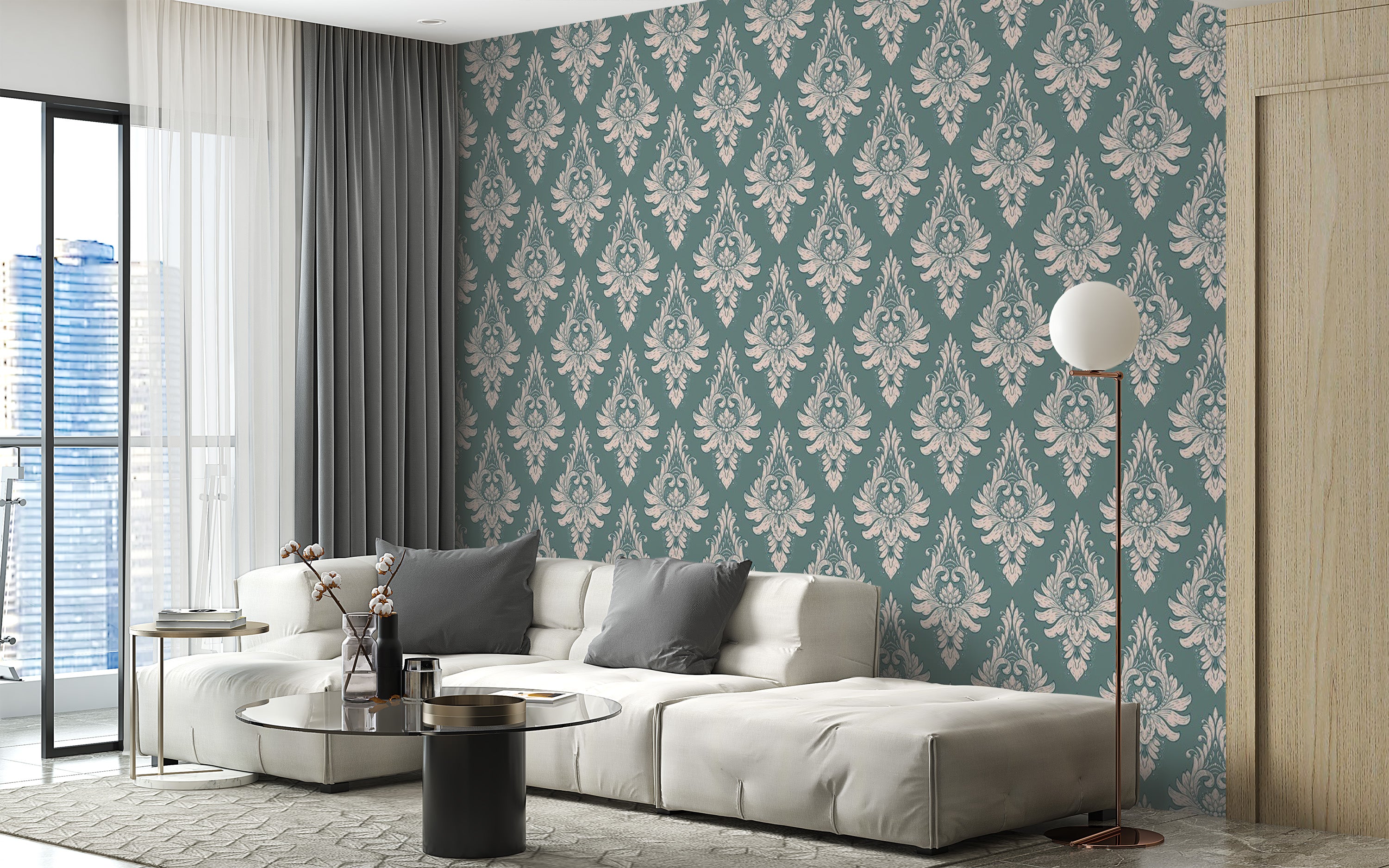 Classic Green Damask Pattern Wallpaper Mural