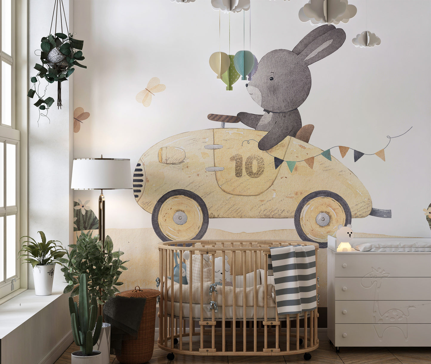 Playful Bunny Car Ride Kids Wall Mural