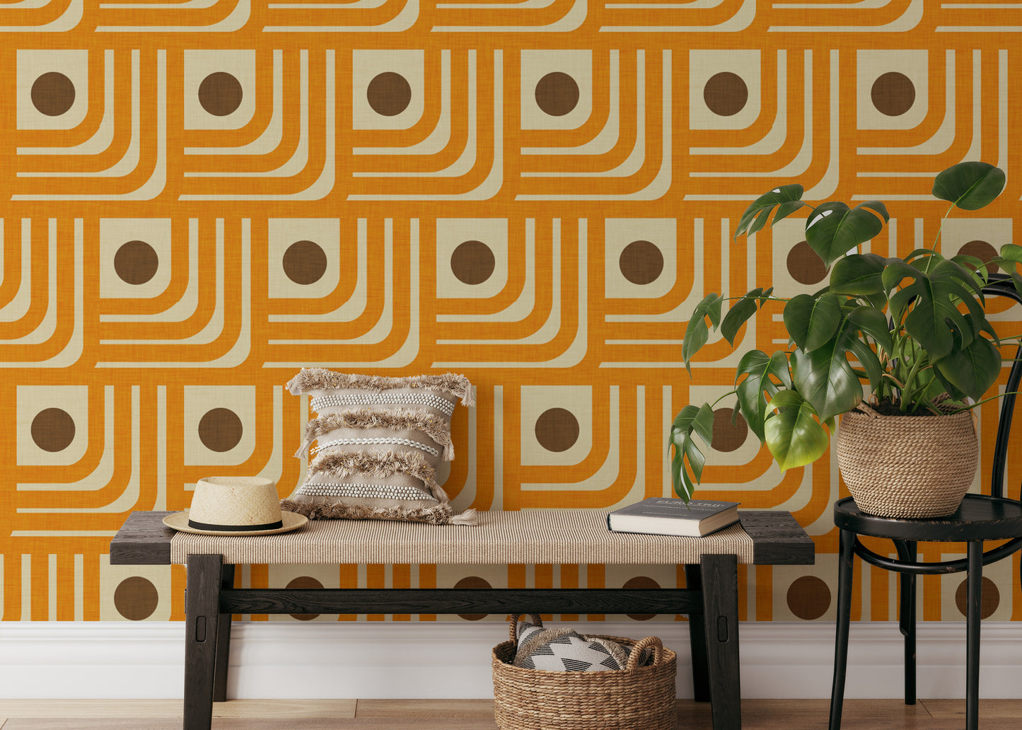 70s retro mural with abstract orange shapes
