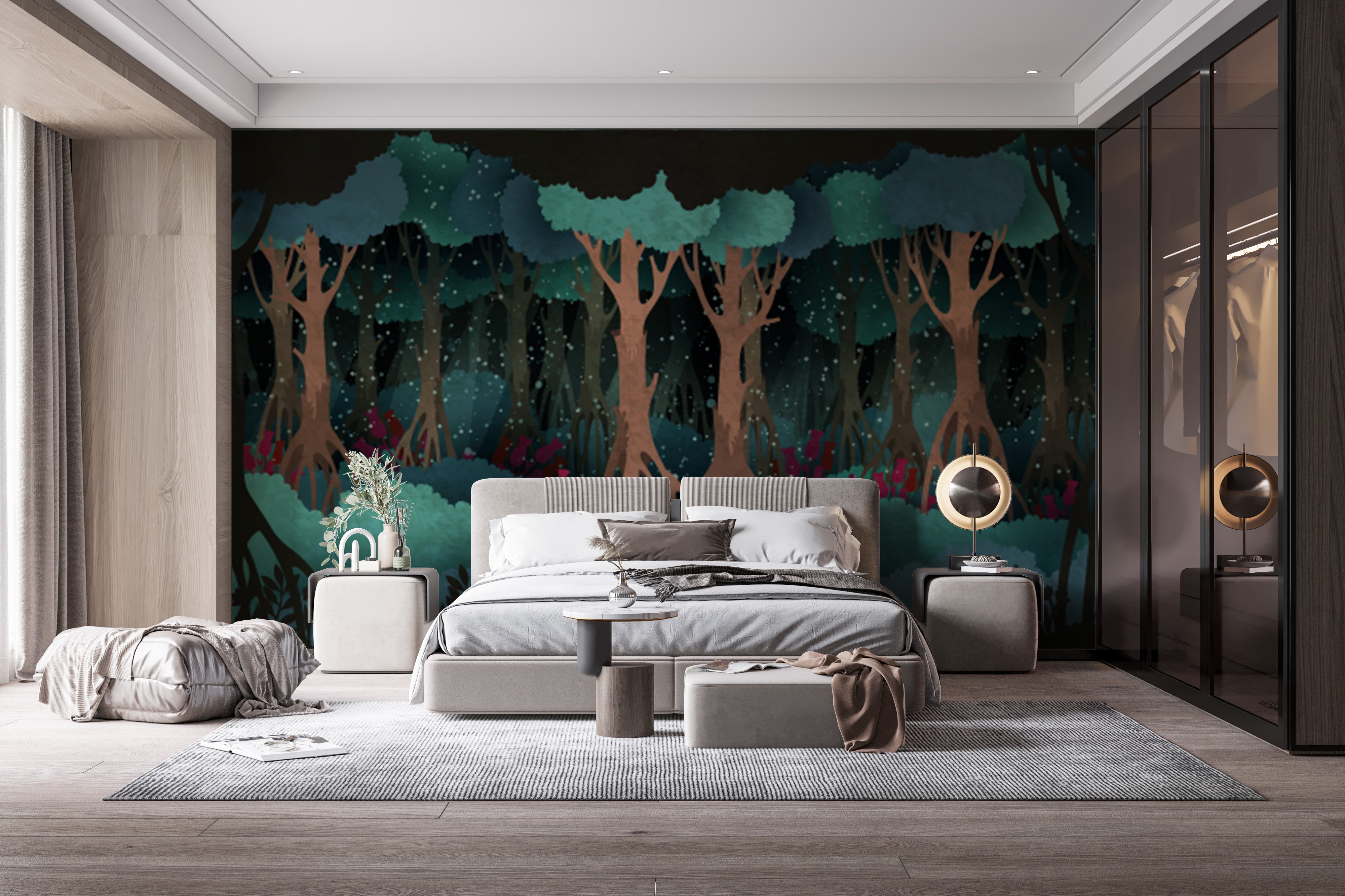 Dreamy green forest watercolor wall mural
