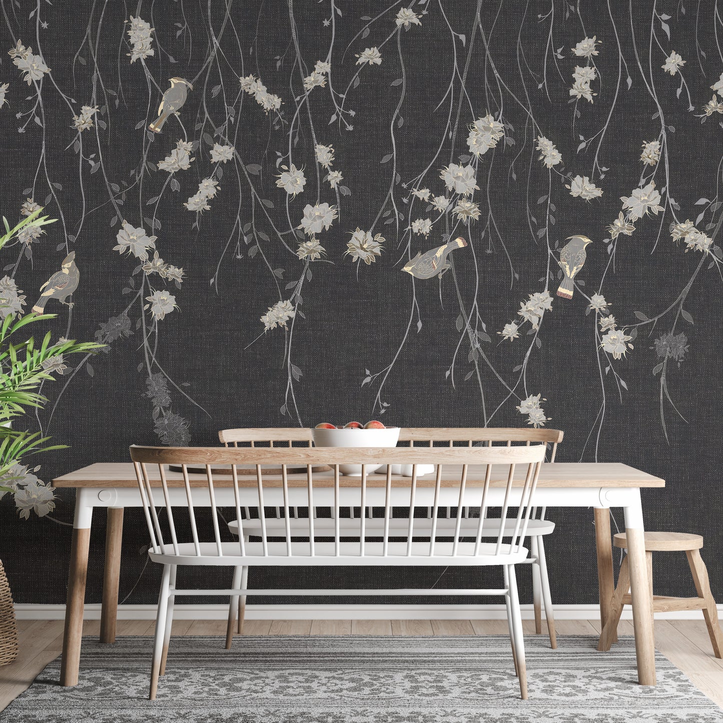 Beautiful Dark Black Flowers & Birds Wallpaper Mural