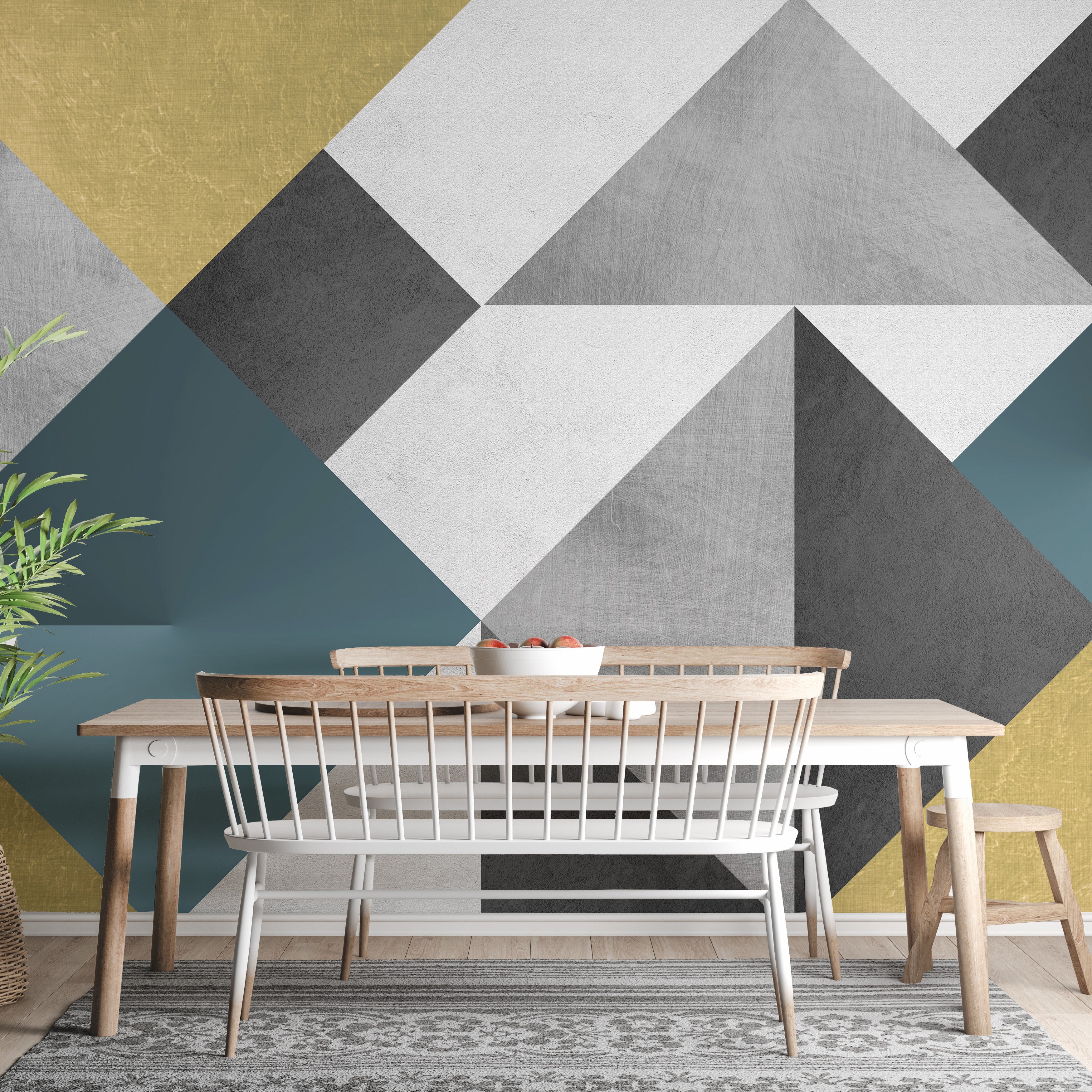 Multicolor triangle wallpaper mural with blue and yellow tones