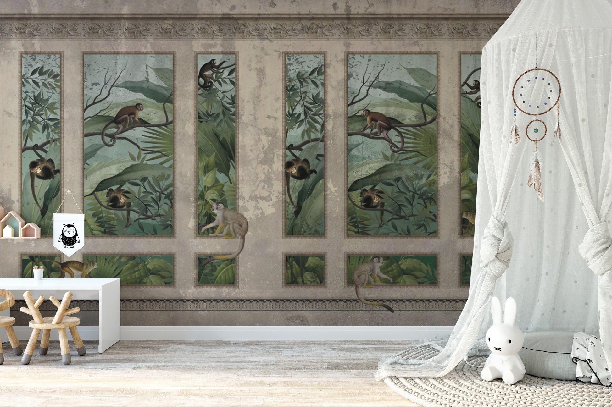 Classic European jungle wall art with monkeys
