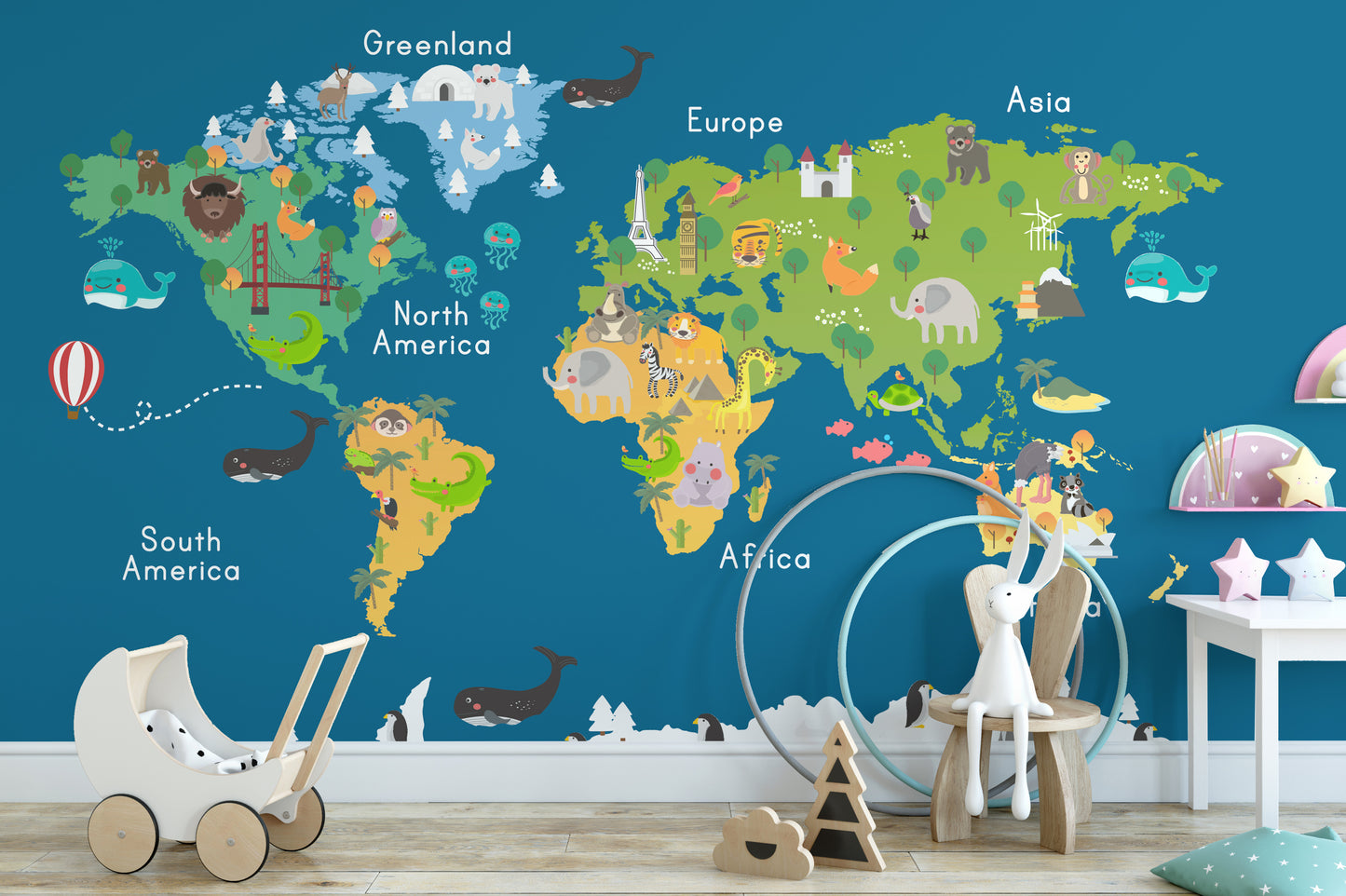 Kids World Map Blue Wallpaper Mural