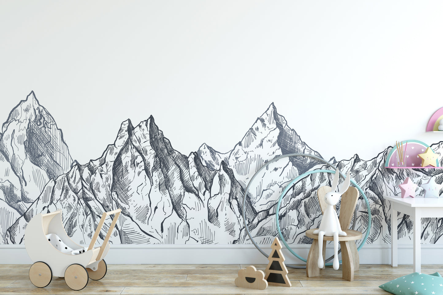 Unique hand-drawn mountain mural for stylish interior decor.
