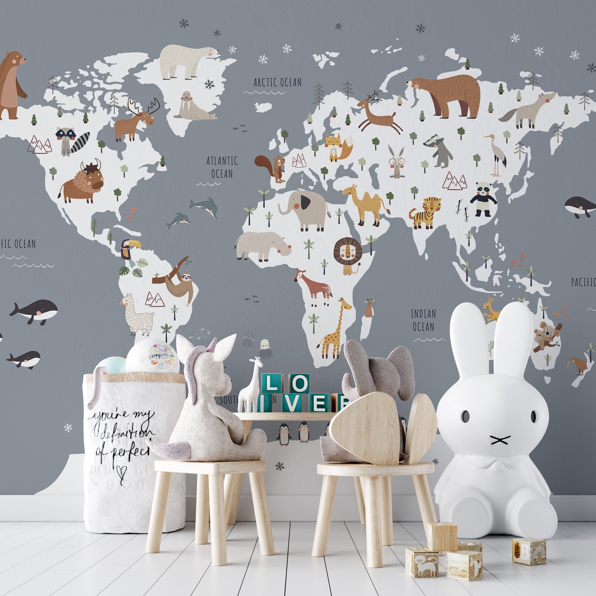 Kids wallpaper with cartoon animals and maps
