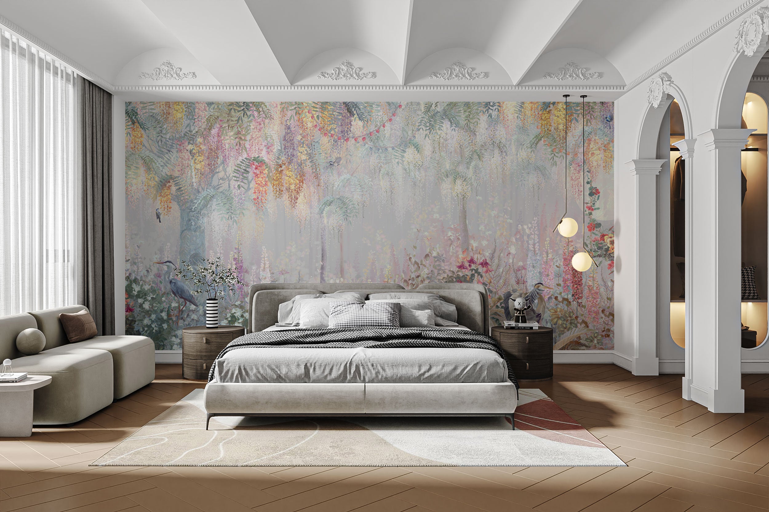 Blushing Jungle Mural with Feathered Design