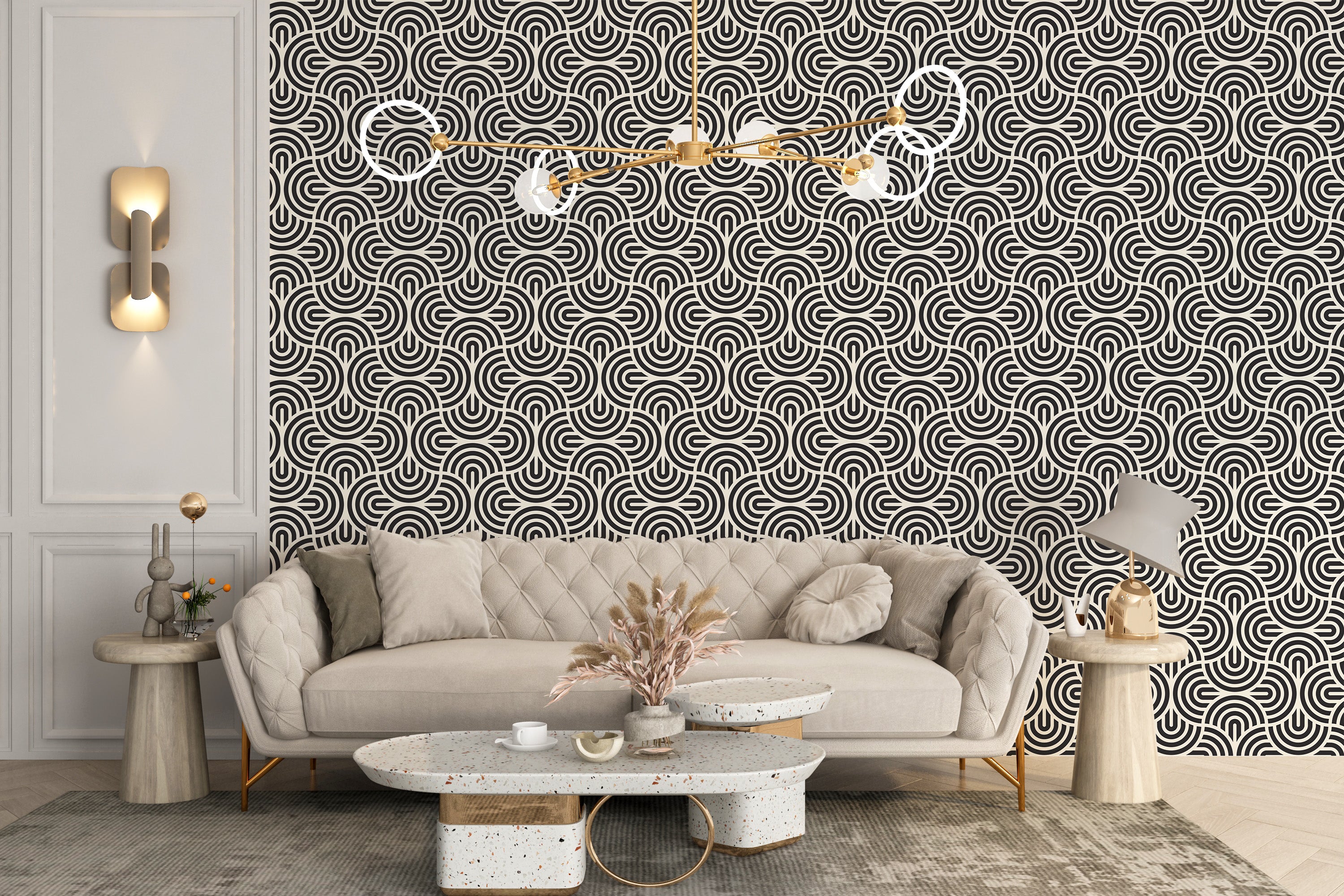 Monochrome geometric striped mural design
