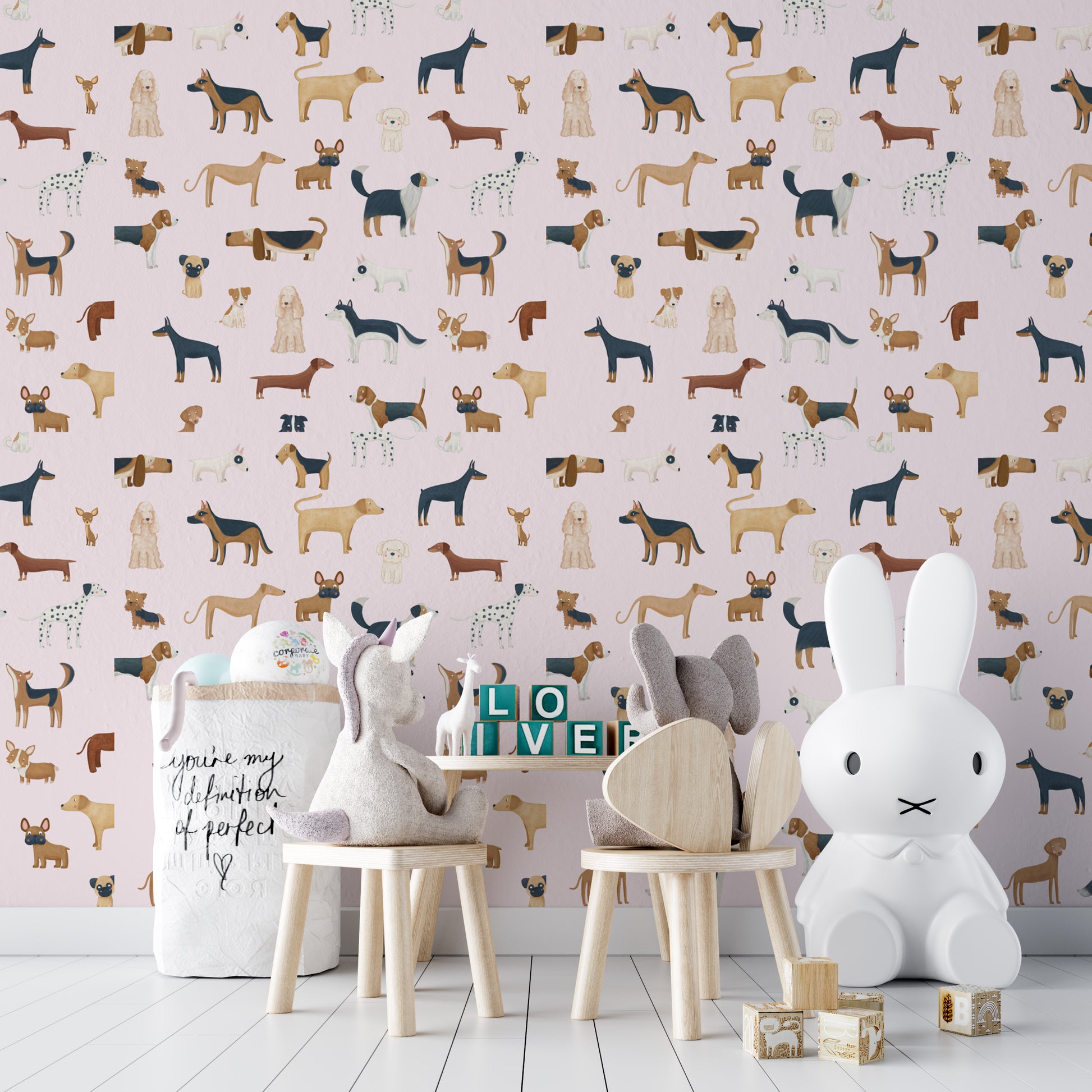 Puppy-themed pink wallpaper for playrooms
