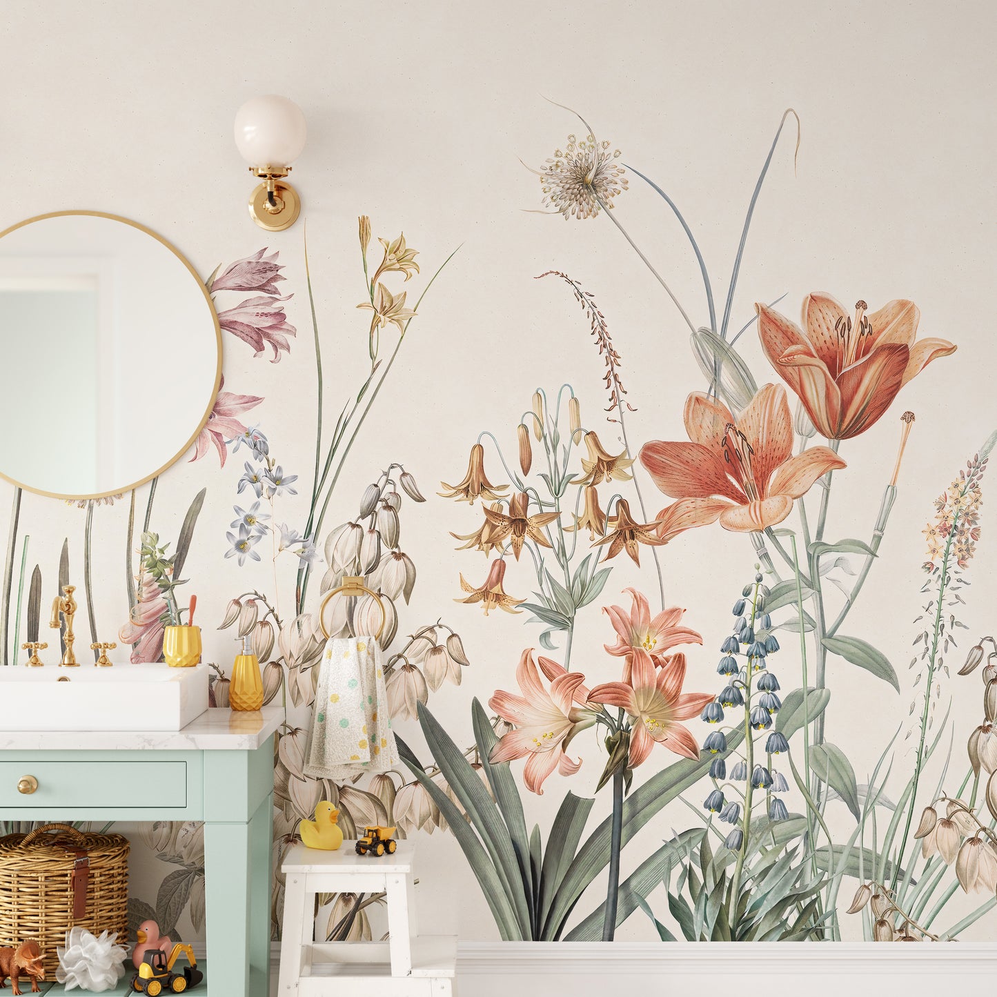 Artistic floral wall mural with painted tones
