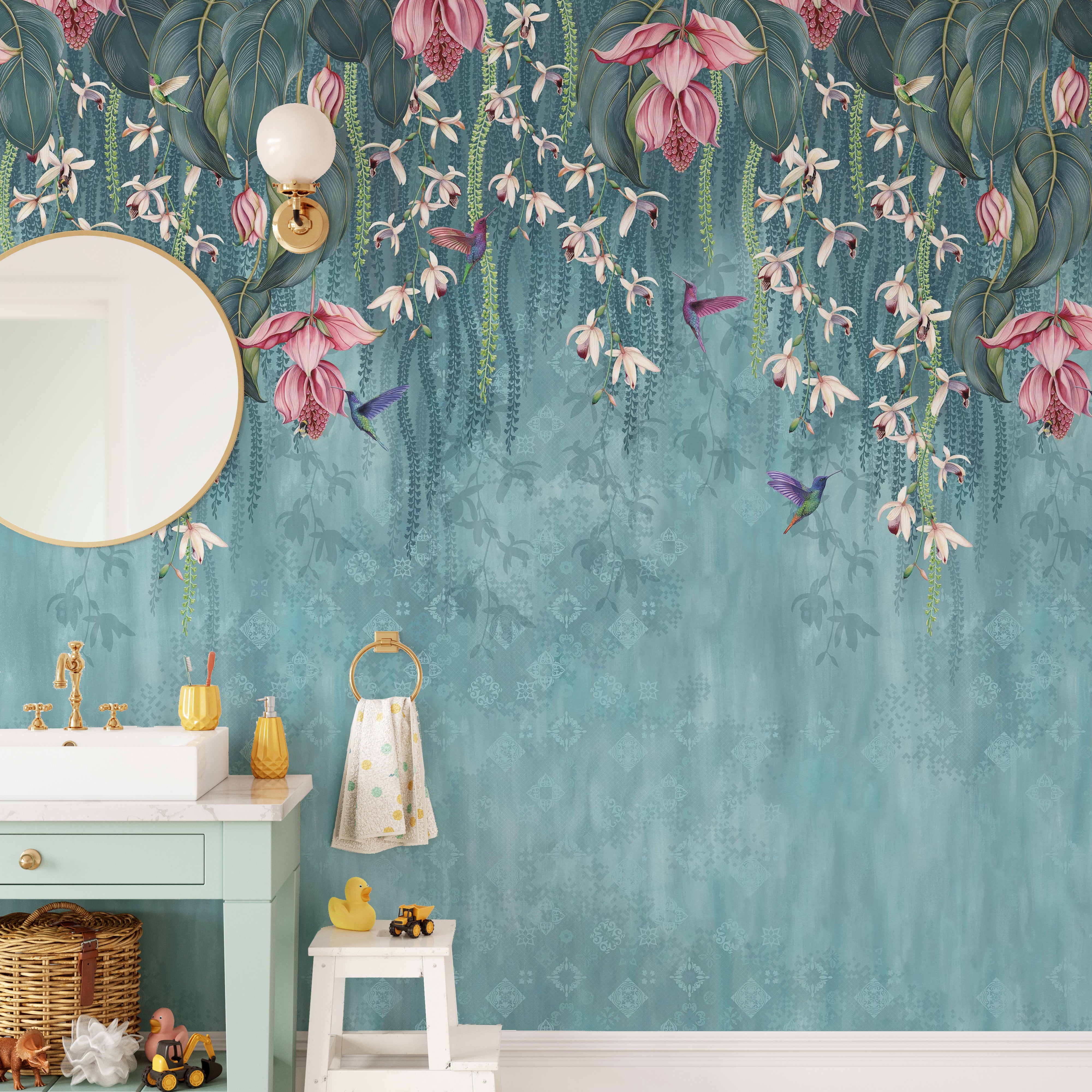 Pink Flower and Turquoise Wallpaper Mural
