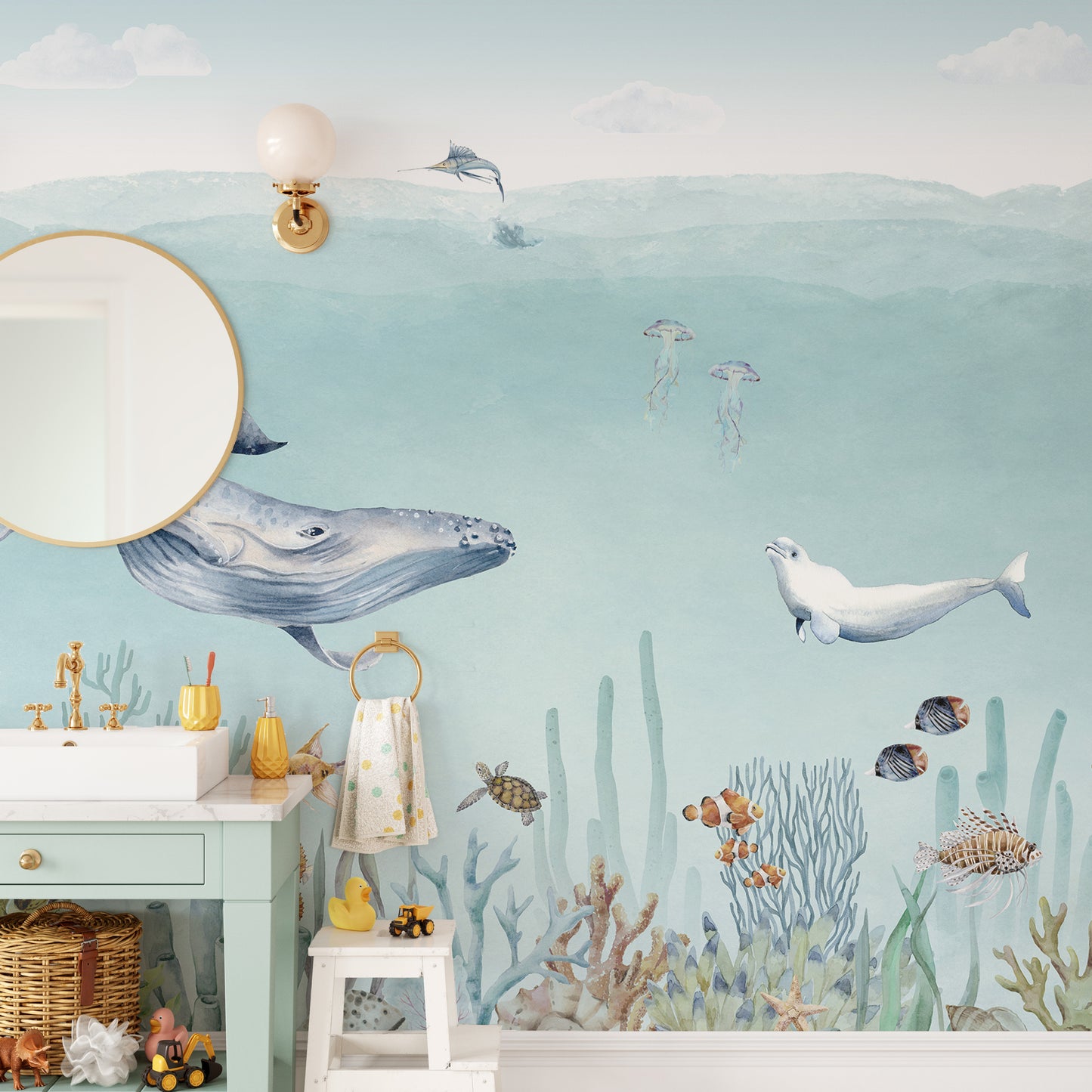 Underwater-themed secret sea life mural wallpaper design