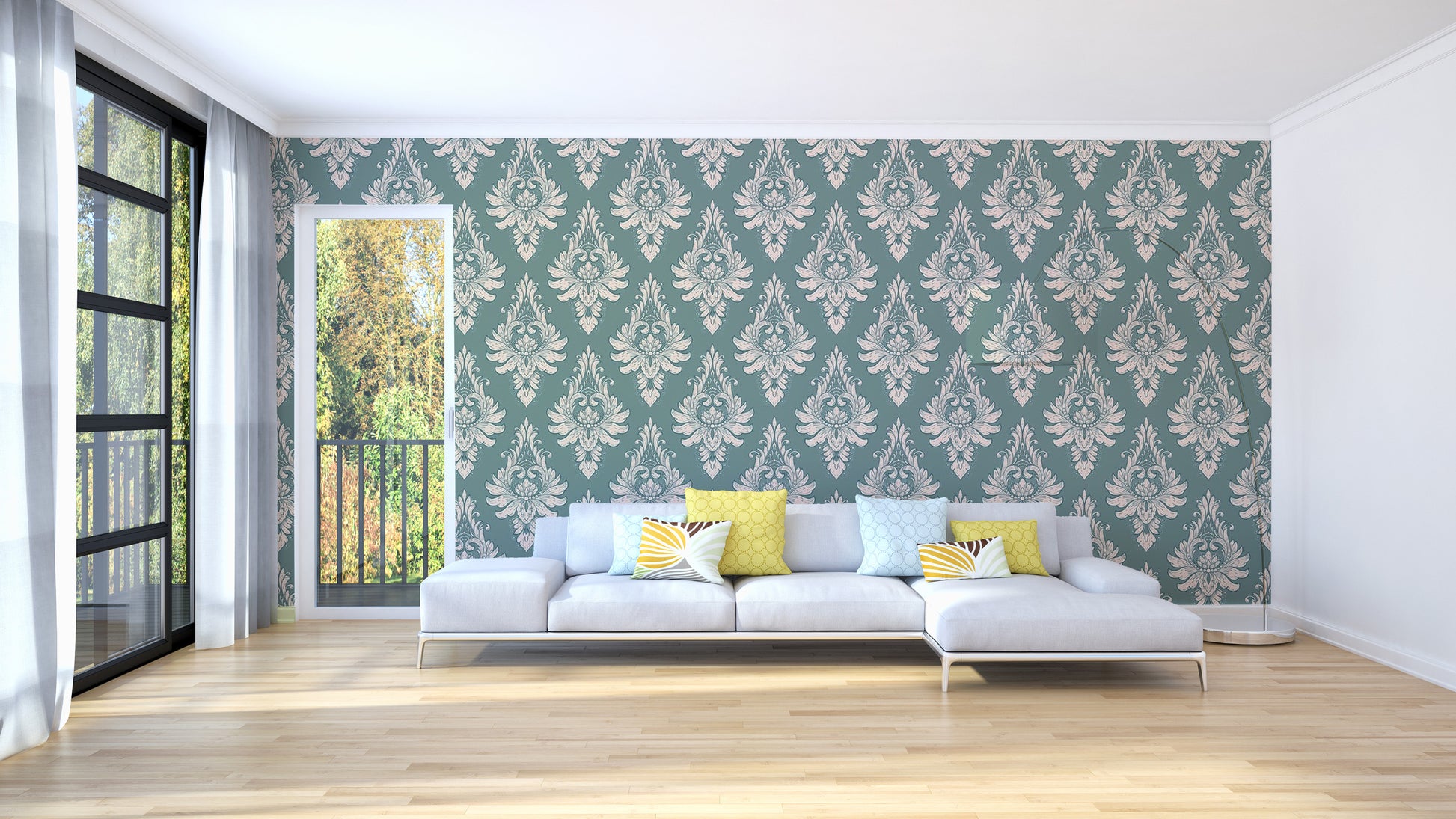 Removable Green Damask Wallpaper for Interiors