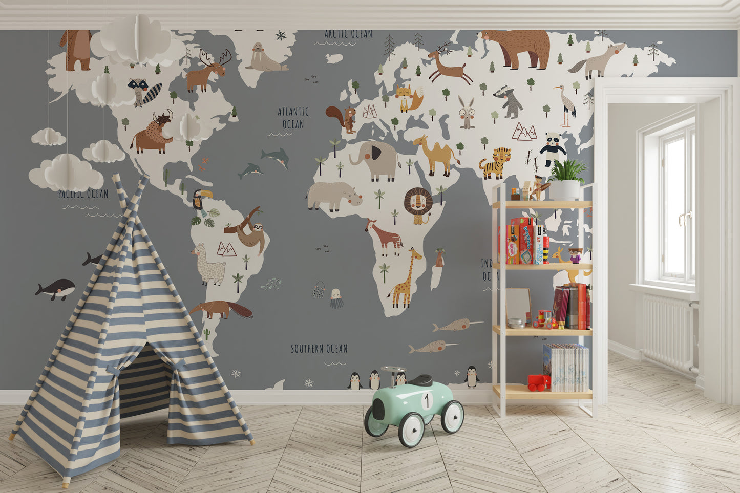 Nursery decor world map wallpaper with animals
