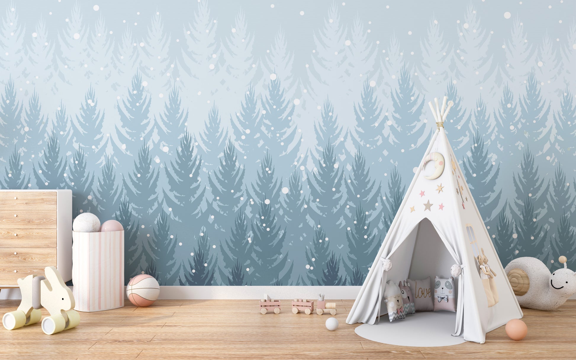 Snowy pine forest scene wallpaper mural
