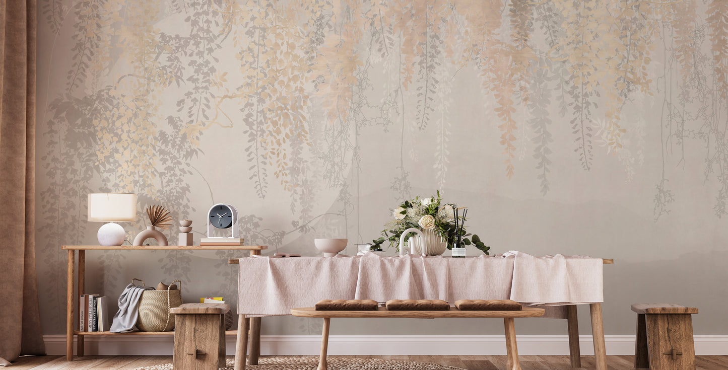 Golden and Grey Hanging Leaves Wallpaper Murals