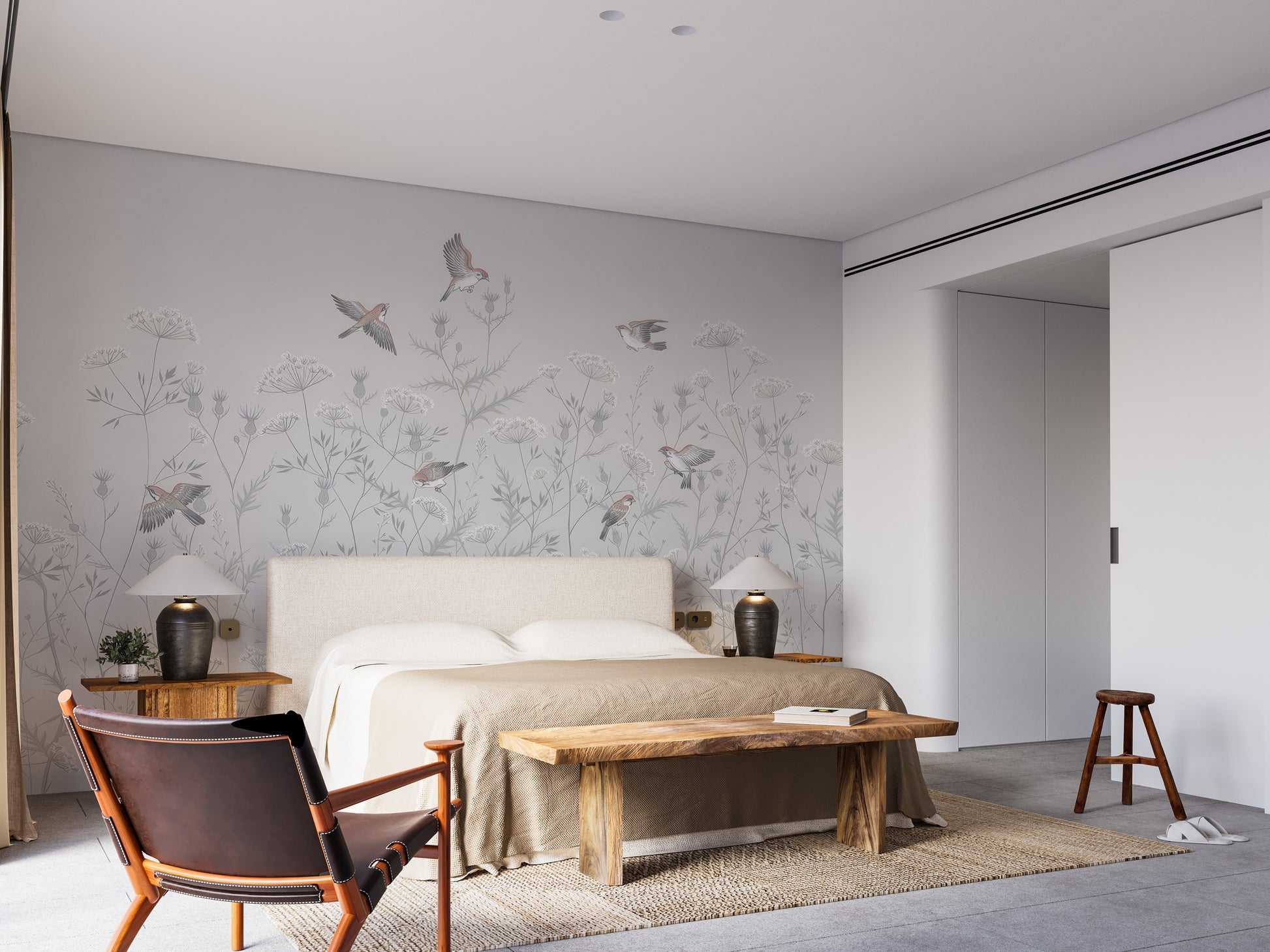 Serene bird garden mural for interiors