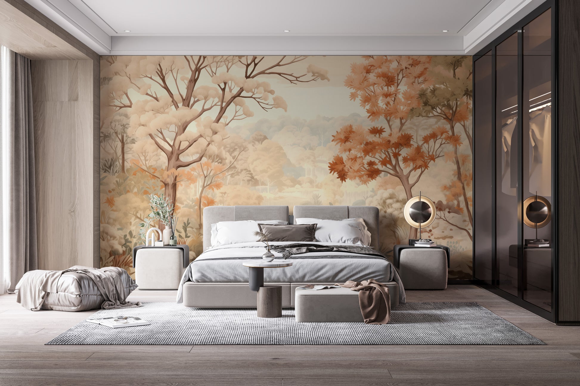 Beautiful forest autumn watercolor beige wallpaper for a calming atmosphere.