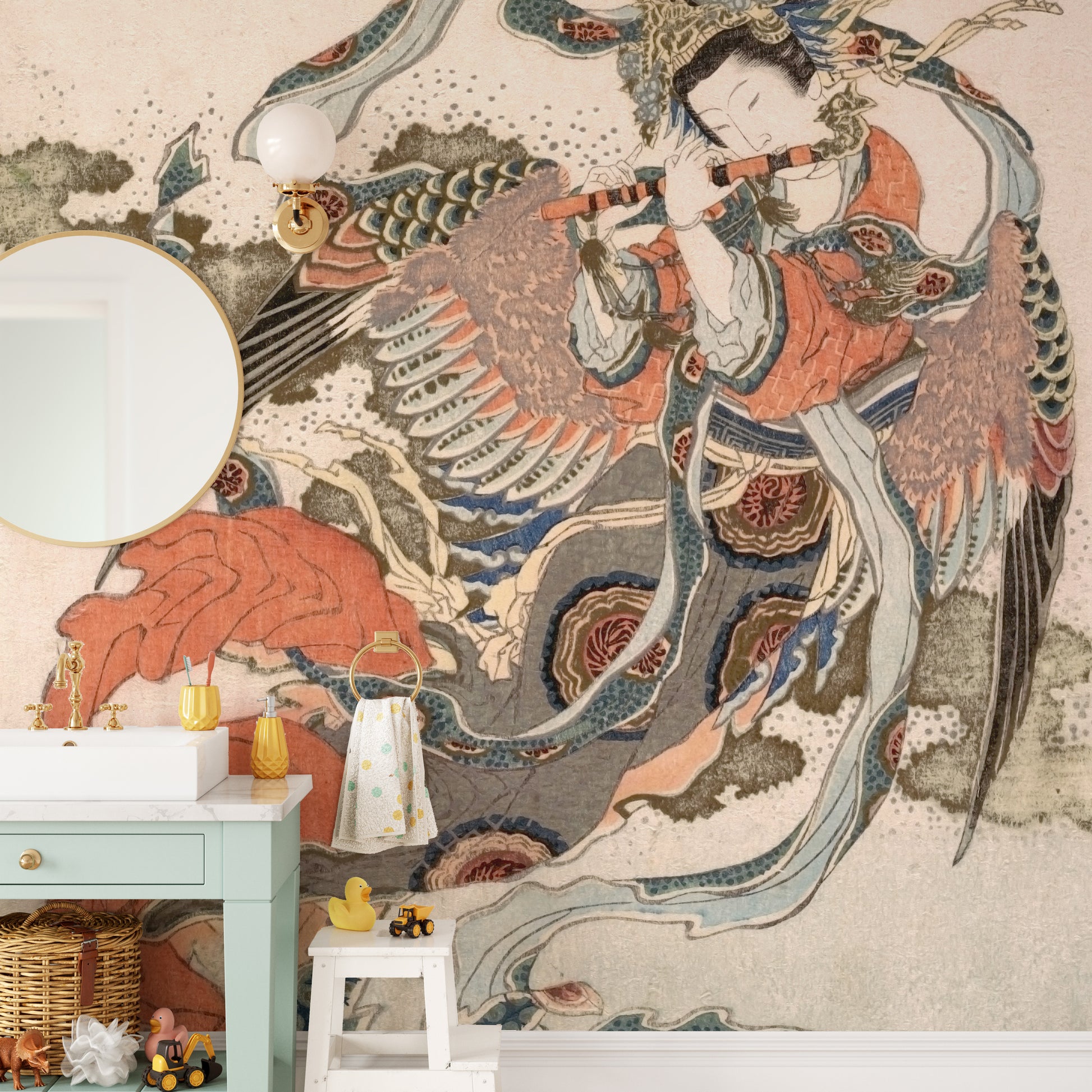 Graceful Asian angel mural wallpaper design
