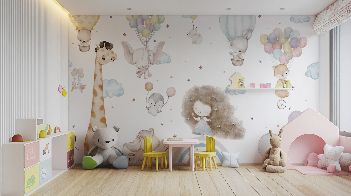 Cloud Nine wallpaper with adorable playmates in a mural design.
