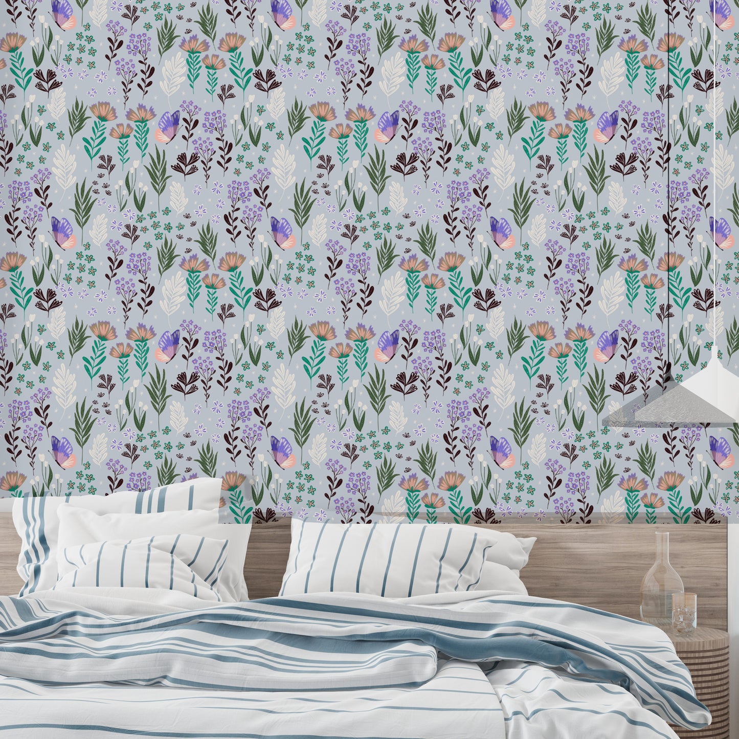 Lush butterfly meadow wallpaper with a dreamy purple backdrop.