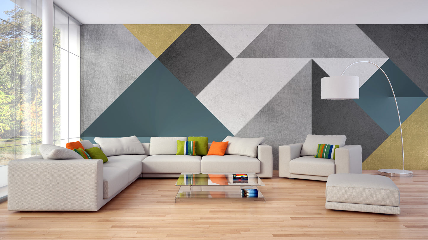 Blue & Yellow Abstract Geometric Multicolor Triangle Wallpaper Mural