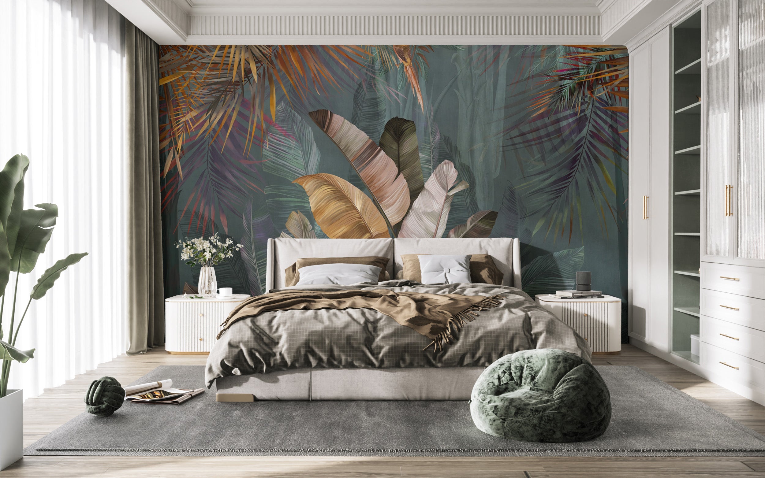 Lush tropical leaf mural for bold interiors