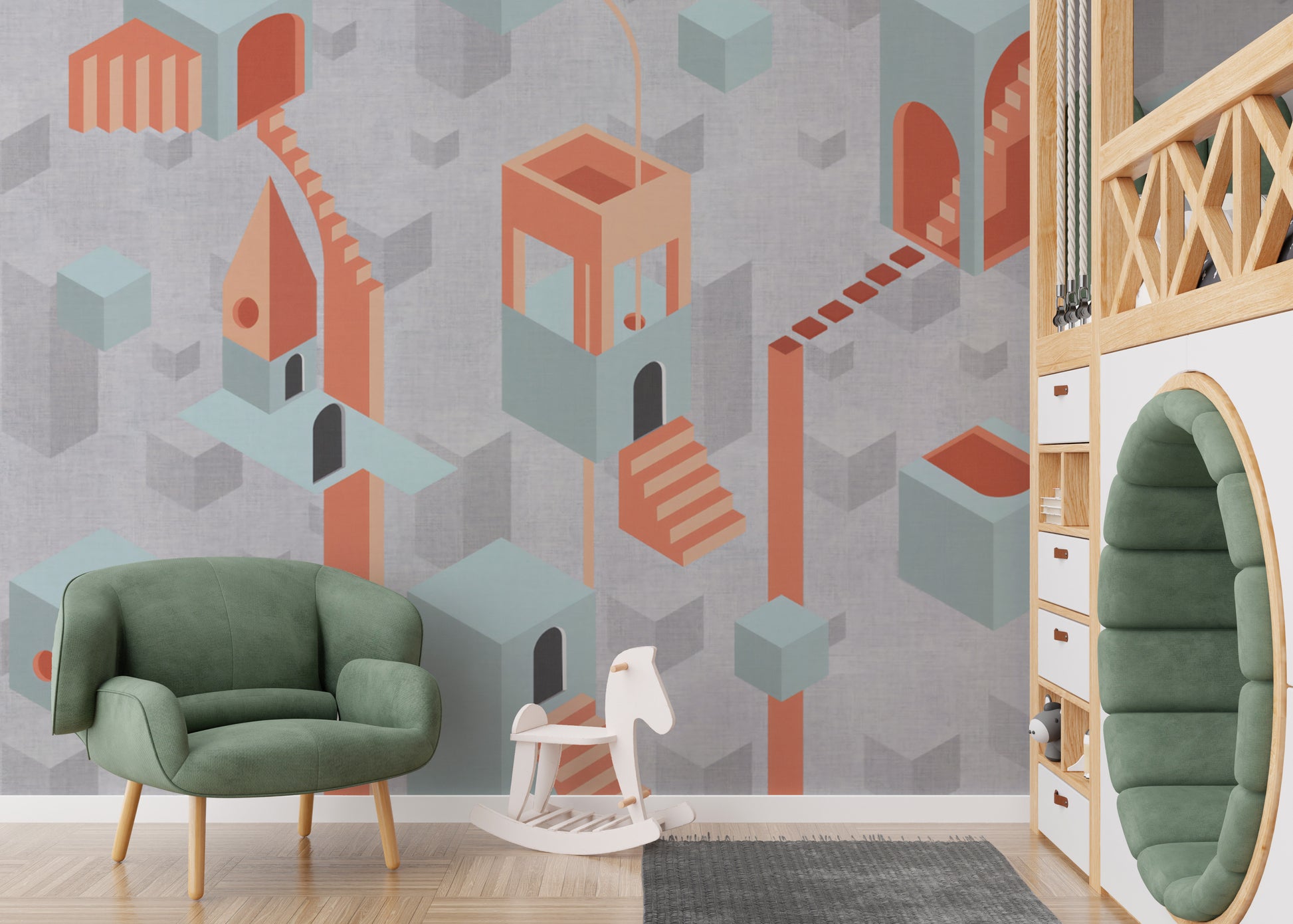 Bold Surreal Geometric Architecture Wallpaper in Isometric Art
