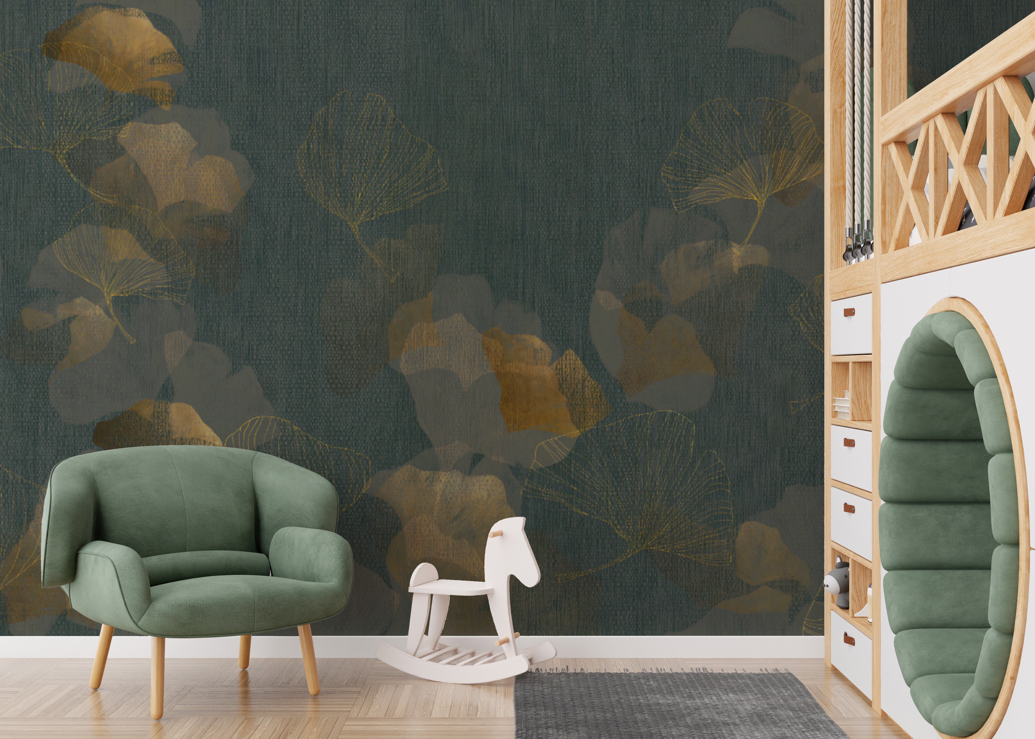 Minimalist green wallpaper with golden ginkgo accents
