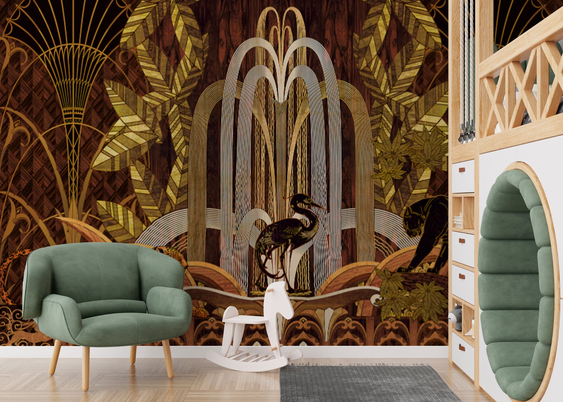 Gold botanical and animal-themed Art Deco wall mural design
