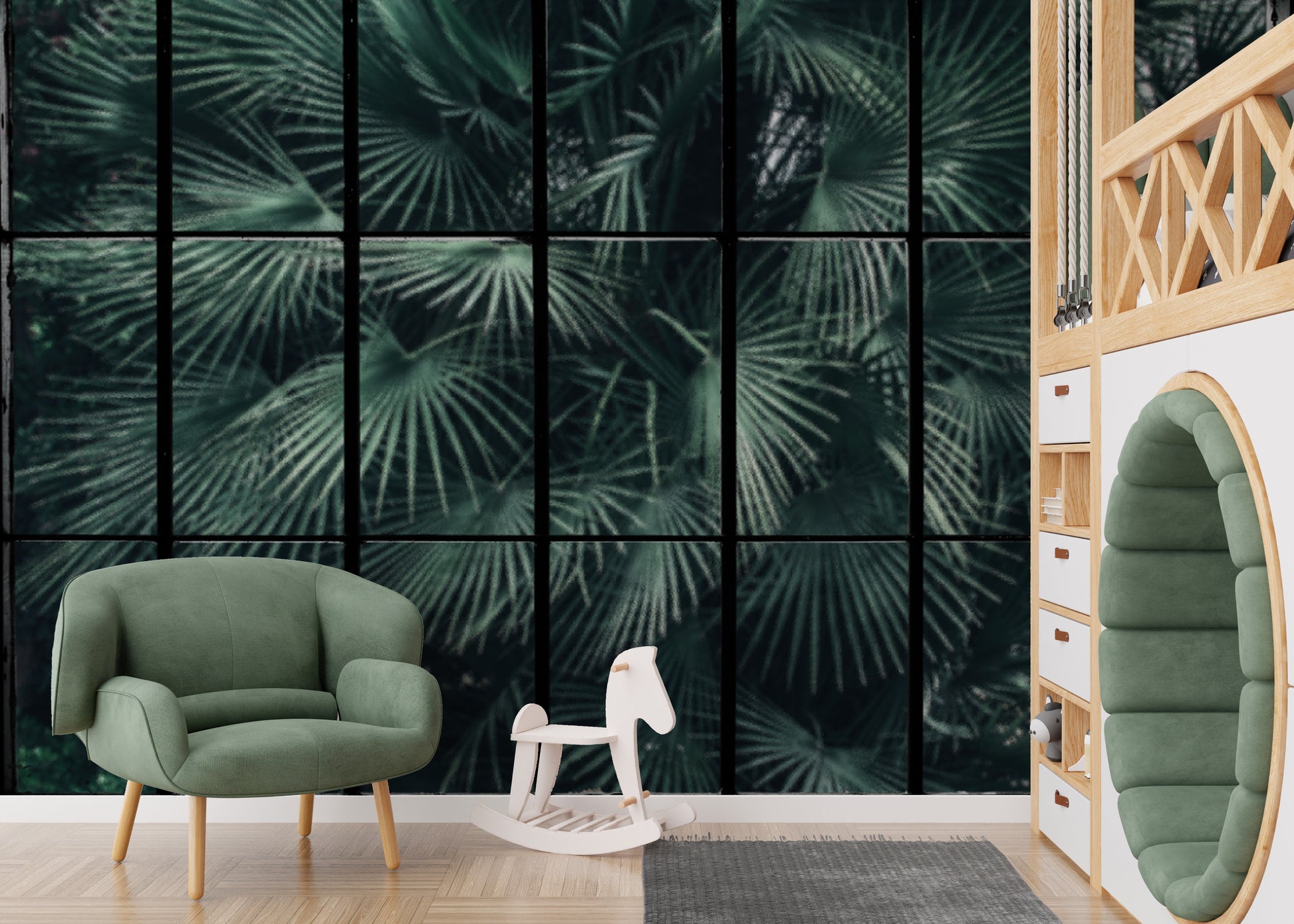 Vintage jungle window wallpaper for a tropical look
